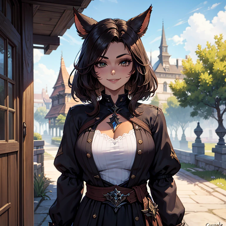 1 fille, Miqo&#39;te Final Fantasy 14, tattered clothing , Dark Hair, Yeux verts, queue, Couleur brune, tanned skin, Queue de chat; portrait, visage souriant, marque tribale, outdoor scene,