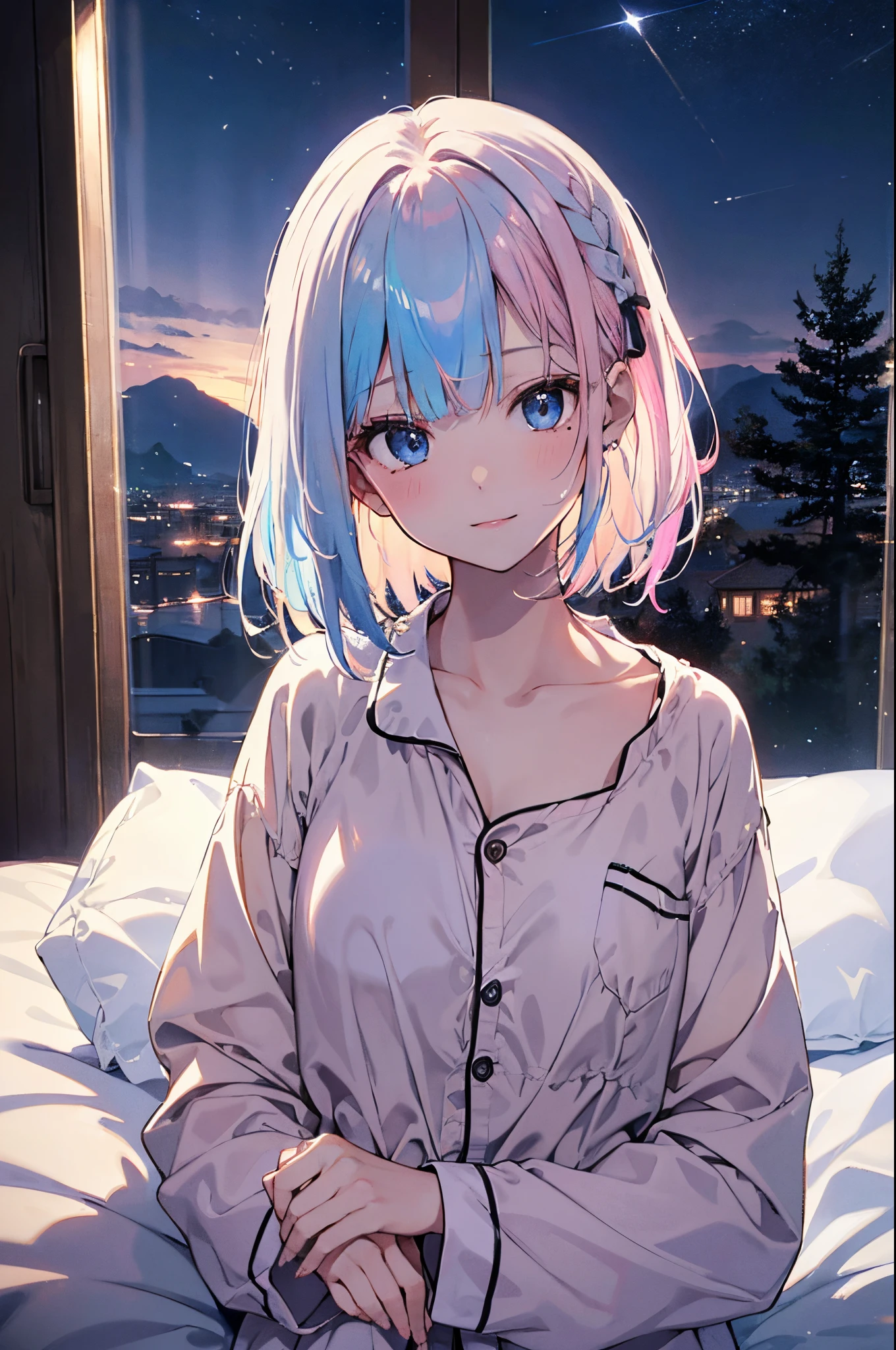 （Girl with a nasty appearance:1.1）、(Midnight hour:1.5)、(and chest:1.4)、Raw photography, top-quality, hight resolution, (​masterpiece), (Photorealsitic:1.4), (Mole under the eyes),Anime Cosplay, foco nítido, nffsw, 8K分辨率, intricate detailes, depth of fields, the Extremely Detailed CG Unity 8K Wallpapers, front lit, femele,25-years old、 His lips are smiling、(tying  hair:1.5)、(Medium short pink hair)、(s Pajamas:1.3)、blue eyess,(lying on the bed:1.5)、(Blue sky seen from the window:1.3)、(Full body depiction)、（fullmoon：1.2）、（shooting stars：0.9）、（nebulas：1.3）、mountain in the distance、Tree Break Production Art、(Warm color light source:1.2)、(fireflys:1.2)、abajour、Purple and orange、intricate detailes、Volume Lighting、Realism Break (​masterpiece:1.2)、(top-quality)、4K、Ultra-Details、(The composition of the movement:1.4)、Very detailed and colorful details、(Iridescent colors:1.2)、(Glowing lighting、Atmospheric lighting)、dream-like、Magical、angelicales