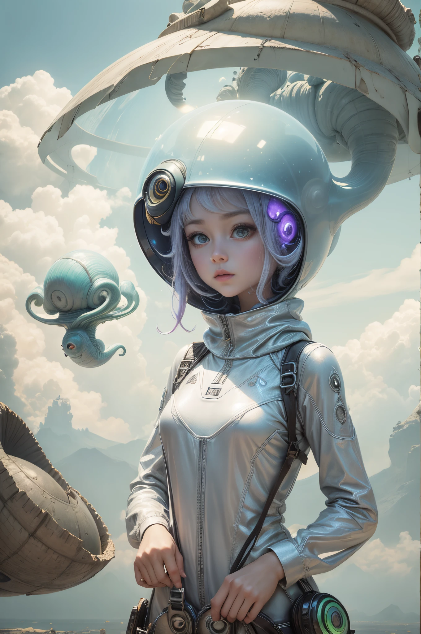 "Alien girl in a futuristic helmet, ethereal snail companion, mystic aura, otherworldly clouds, dreamlike"