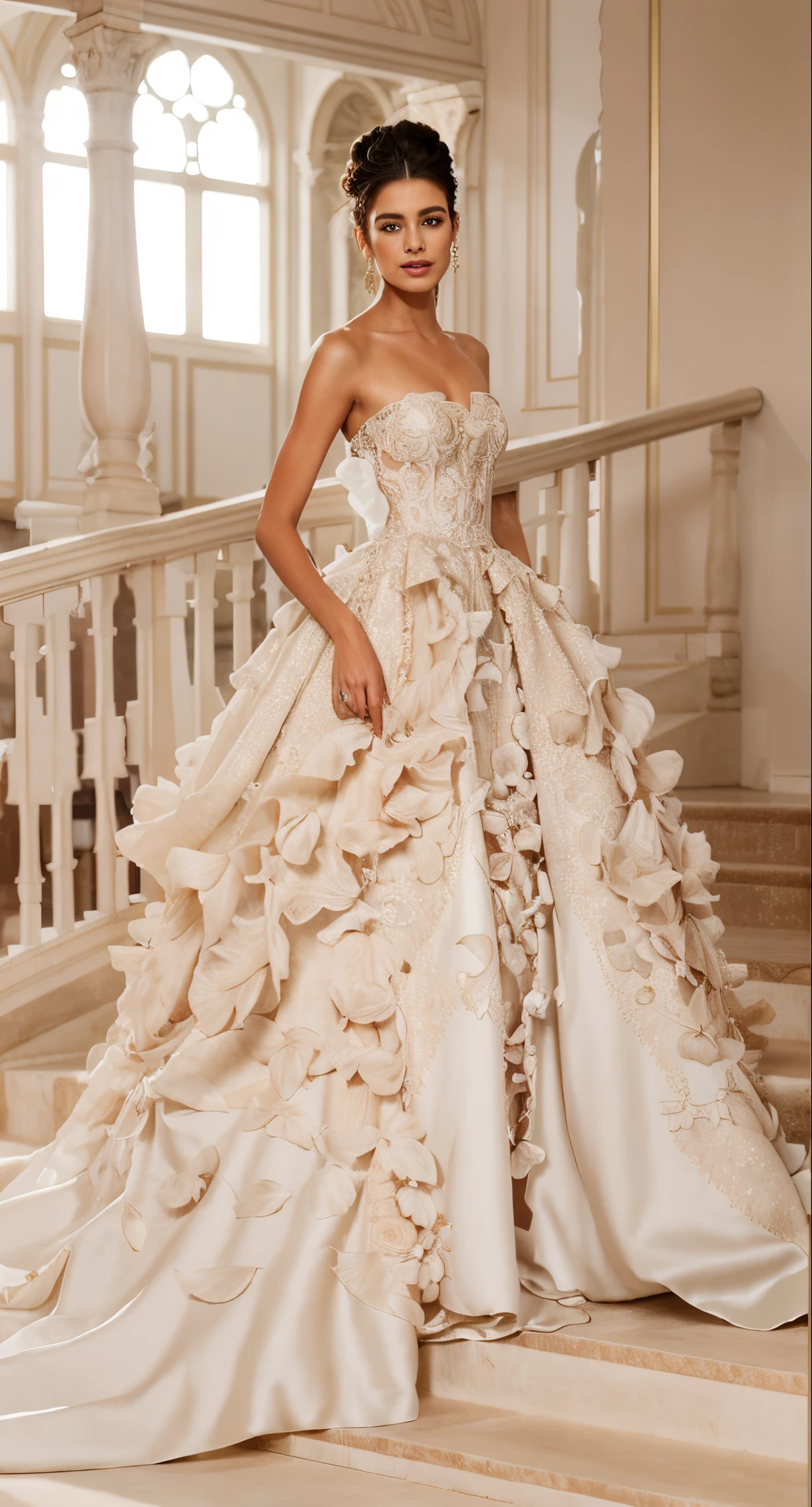 a woman in a white wedding dress standing on a set of stairs, dressed beautiful gown, intricate gown, stunning details, extravagant dress, long luxurious intricate gown, stunning elegant, very beautiful and elegant, beautiful and elegant, exquisite details, beautiful detailed elegant, full of details, robe. extremely high details, dramatic details, elegant and graceful, exquisite detail perfect