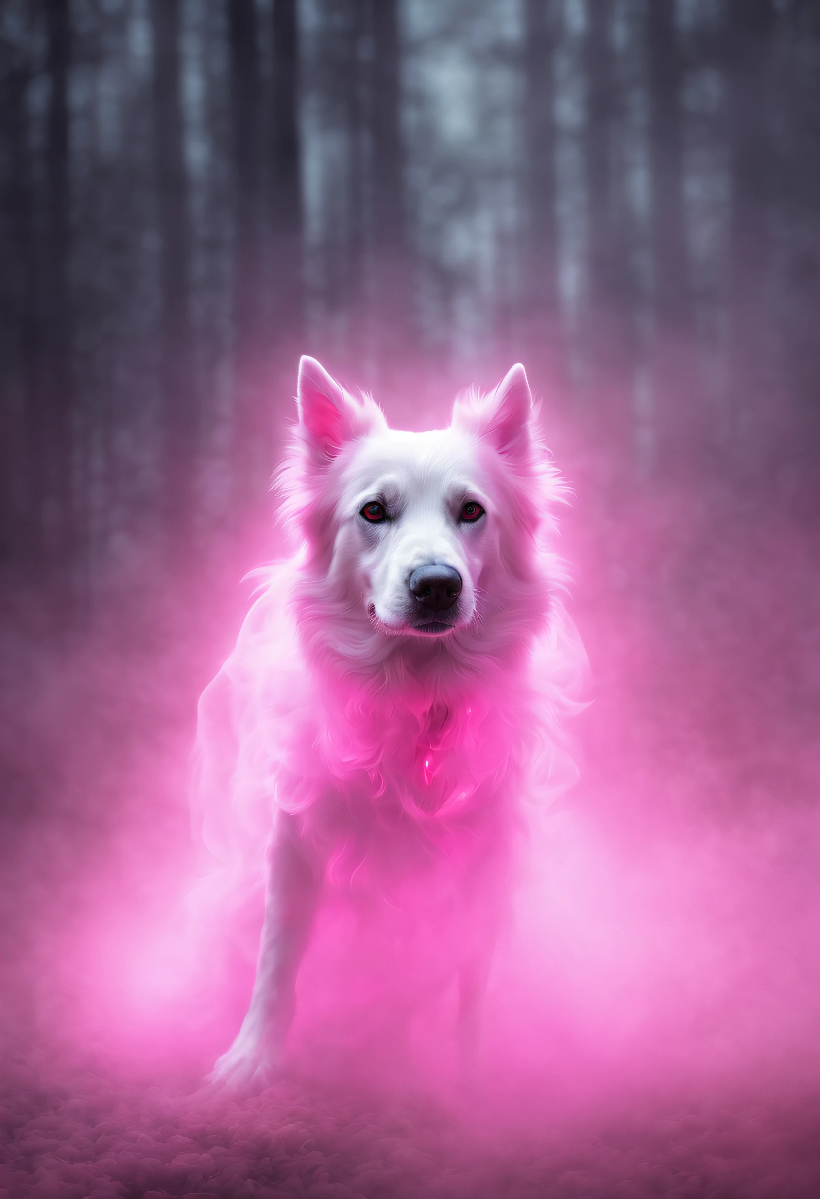 A ghost of a dog, a dog pink hologram texture, pink translucent spirit of a dog, spirit dog hologram, low opacity, conceptual art, ghostly form, pink fog around the spirit of the dog, glowing fog intricate ghosty dog, photorealistic, glowing spirit dog, photoreal, hyperrealism