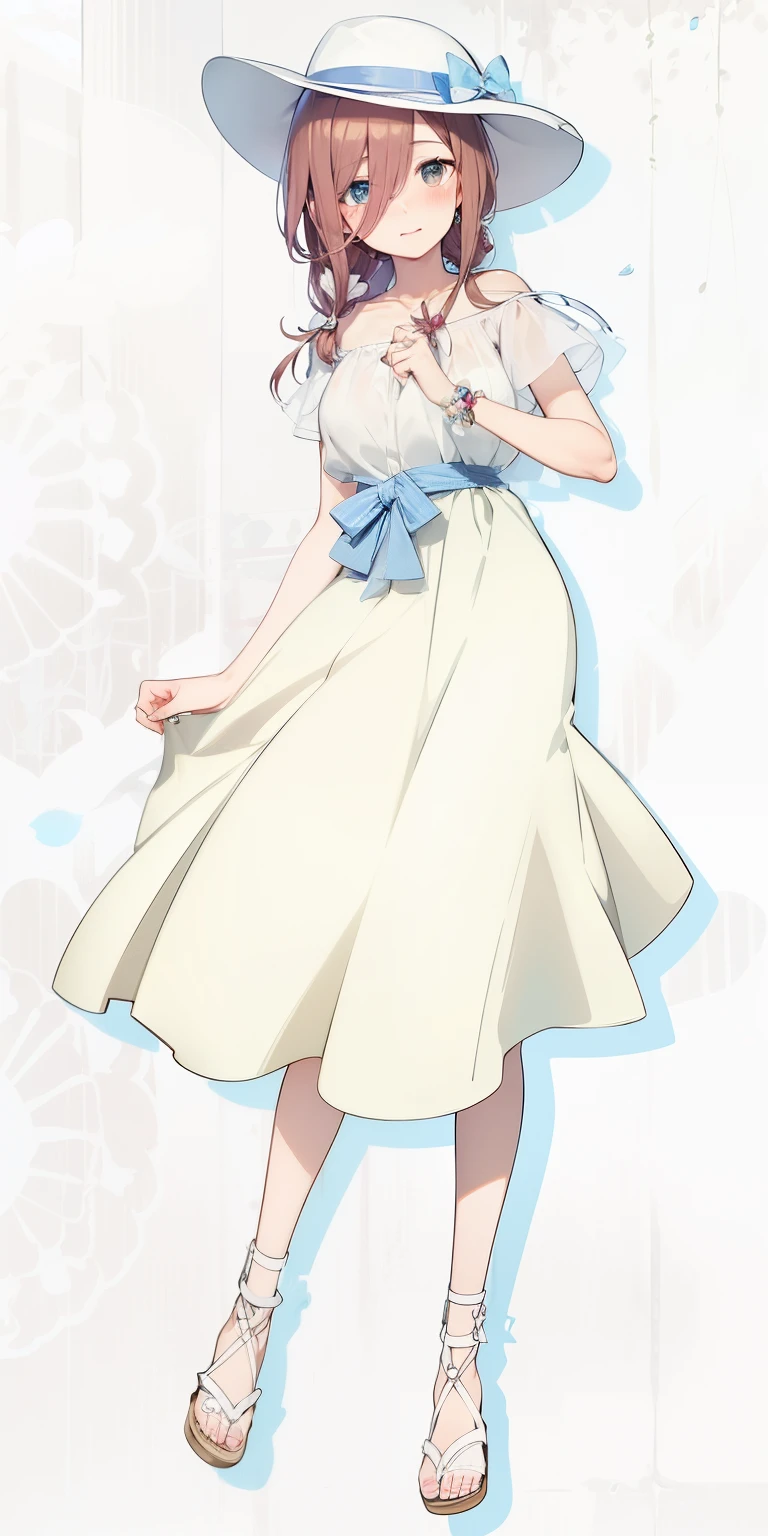 Miku Nakano, shy, blushing, cute, 4k, high quality, highly detailed, miku Nakano, flowing white slong skirt, white top with volant short sleeves, cute hat, flowers as a hairtie, sandals. Perfect face, highly detailed, perfect anatomy
