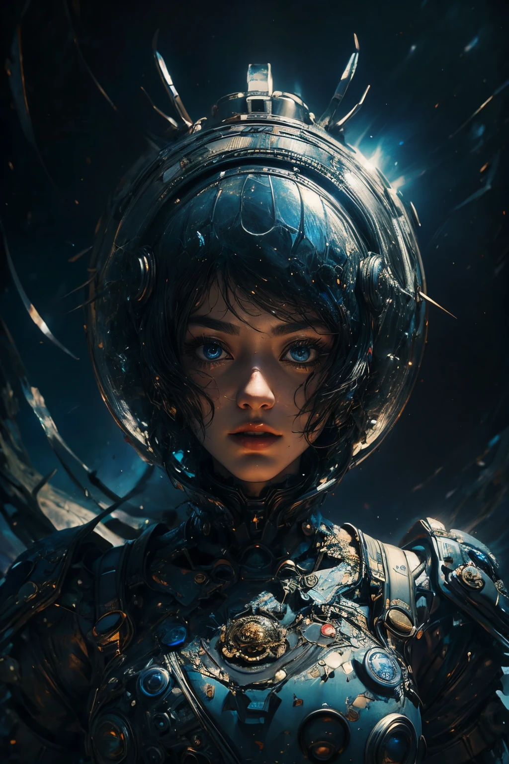 CG Mecha, Beautiful eyes, ((Two people))、Upper body, (Mechanic Armor), Portrait,jet suit、flying though the air、patrol、 police officers、flawless、Neon light, 8K, raw, Best Quality, masutepiece, 超A high resolution, Colorful, (medium wide shot), (Dynamic perspective), foco nítido , (depth of fields, Bokeh:1.3), extremely detailed eye and face,ninjartist, Beautiful detailed eyes、Black gold, Trimmed gear:1.2), ((masutepiece, Best Quality)), Detailed background, Inside the spacecraft、Hold your weapon、(Gray hair)、brue eyes、poneyTail、bio luminescent、Crescent、Fantasia,masterpiece,connected to the plug、spectrum、the chaos、Large robots、Kaleidoscope