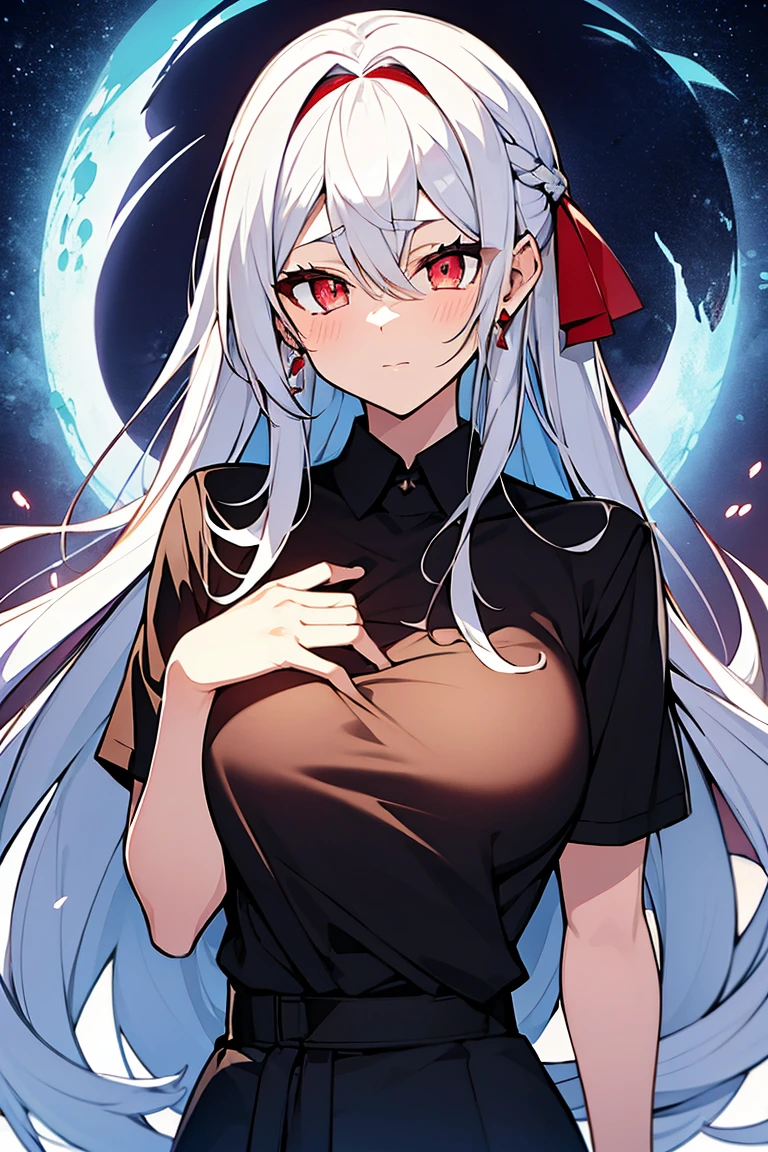 ************, beautiful girl, masterpiece, 最高品質, 8K anime,Surf the picture,illustration, 1 girl, bara, black shirt, White shirt, Fold the red ribbon on the chest................, ,Precise, bestquality,shape: Height about 164 cm.................. There is a chest on CAP D................... ,beautidul eyes, Long straight eyebrows............., But some people....... ,anime ,White hair to the waist.,Researcher Kit,nighttime,moon light,Red Eyes,Red Gem Earrings,goddesses