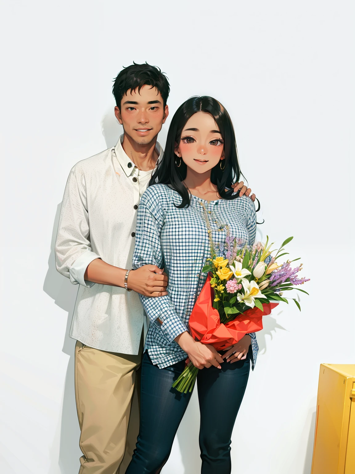 masterpiece, best quality, 2others, couple, 1man with 1woman, mature, adult, Height difference, different fashion, different color, finely detailed eyes and detailed face, intricate details, casual clothes, oversized shirt, modern urban street, holding hands, smile, happy, love