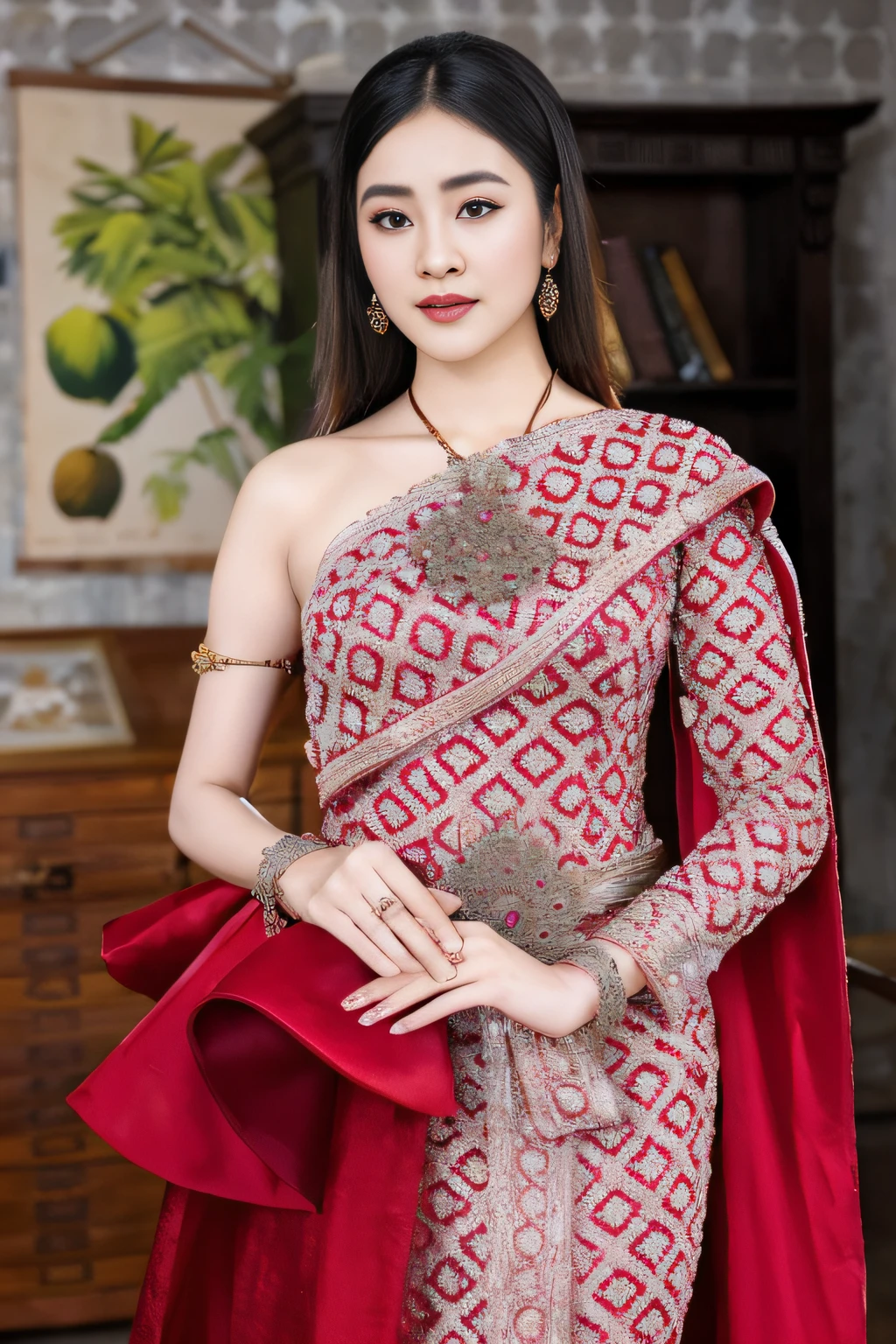 a woman in a red dress and a red cape, sukhothai costume, in style of lam manh, traditional beauty, nivanh chanthara, dilraba dilmurat, in style of thawan duchanee, south east asian with long, intricate and elegant, wearing an ornate outfit, intricate elegant, ao dai, royal elegant pose