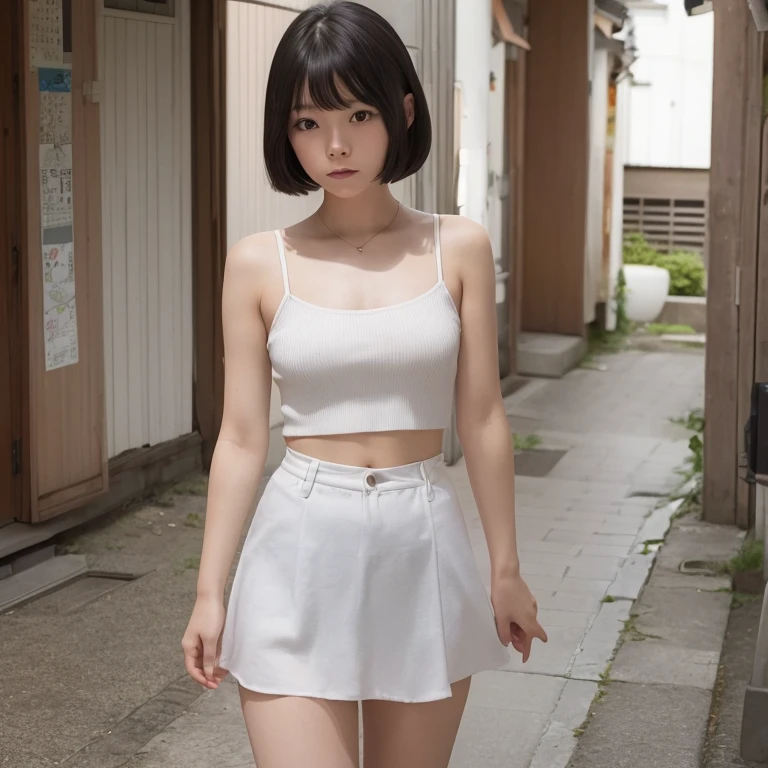 best quality, masterpiece,4K RAW photo,ultra-detailed, Japanese1childish girl ,bob cut, sailor suits, slender, flat chests, (wind flip skirt), (glimpse of white panties from skirts), looking at viewer, smile, rooftop, from above, city, casual,