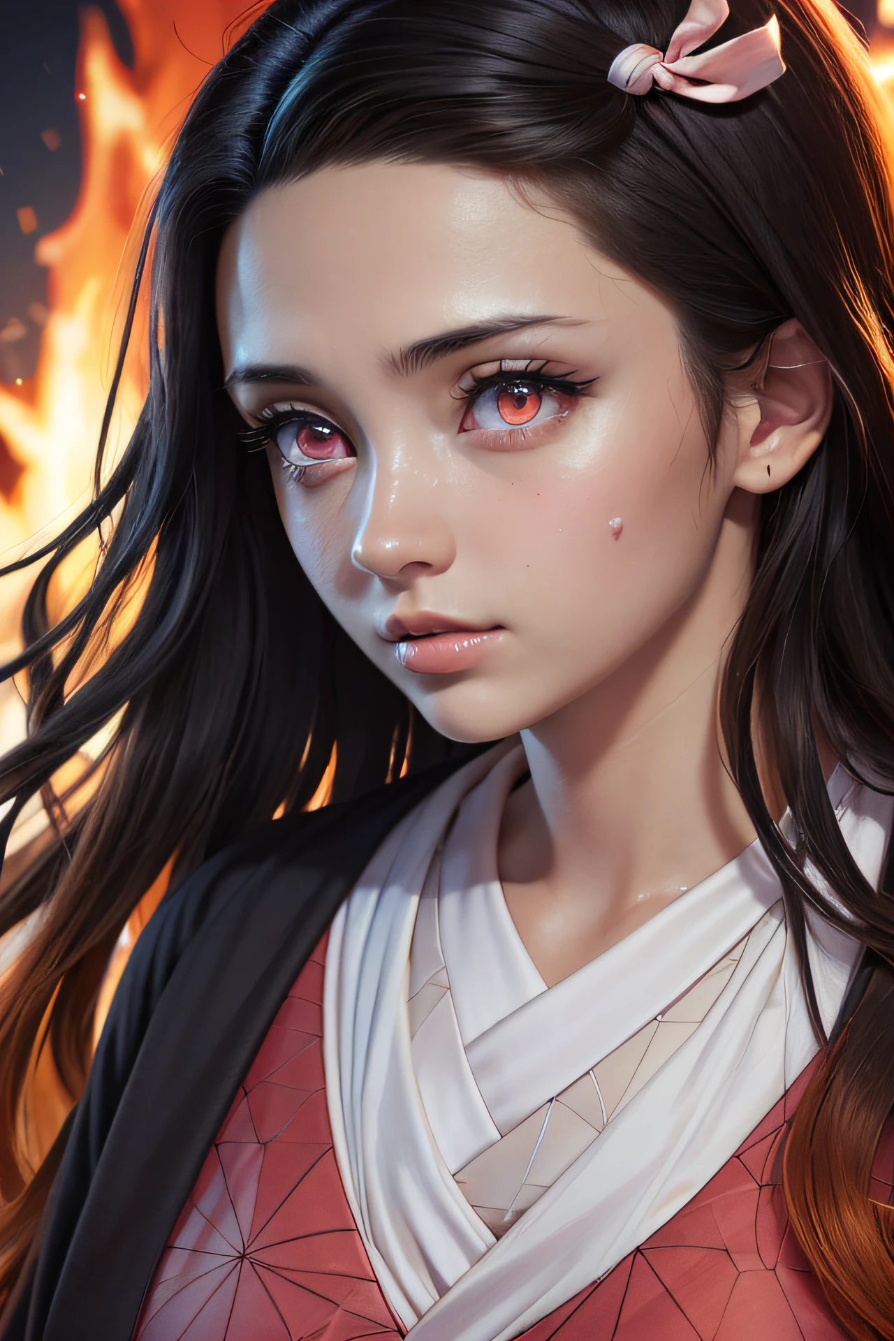 (Ultra Real), (Illustration), (High Resolution), (8K), (Very Detailed), (Best Illustration), (Beautiful Detailed Eyes), (Best Quality), (Ultra Detailed), (Masterpiece), (Wallpaper), (Detailed Face), Night Up Upper Body, ,Long Hair,Solo,Simple Kimono Top Girl, Sweaty, Japan Person, Big Tits, (fire) Nezuko Kamado, Red Eyes,