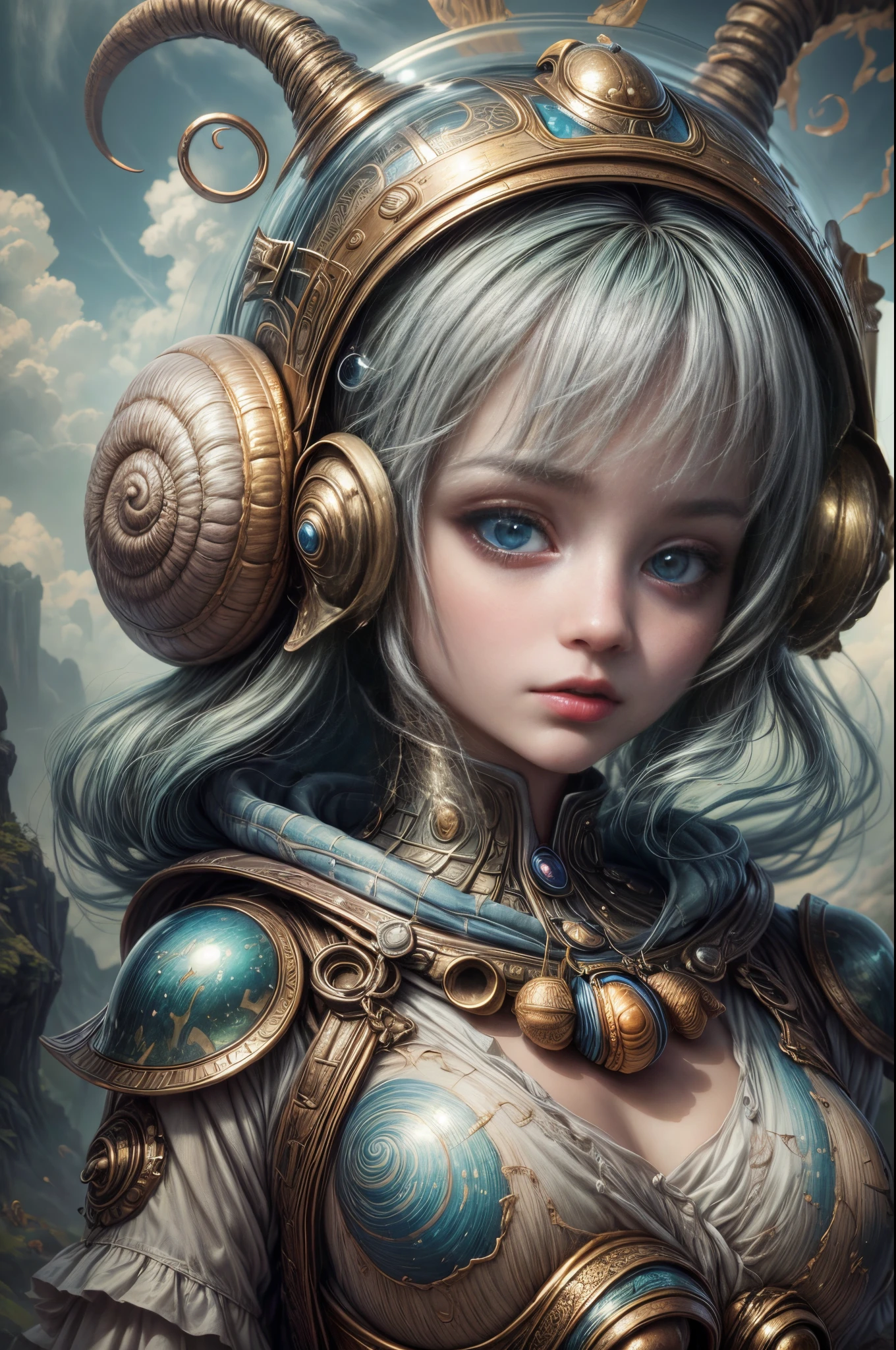 "Painterly depiction of an alien girl, her helmet exuding an otherworldly glow, a mystical snail companion, and dreamy clouds, a masterpiece of the fantastical."