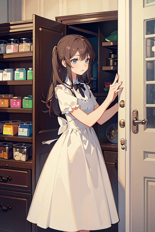 Best Quality、Wear a dress、full bodyesbian、frontage、cupboard、leaning、Cheek cane、