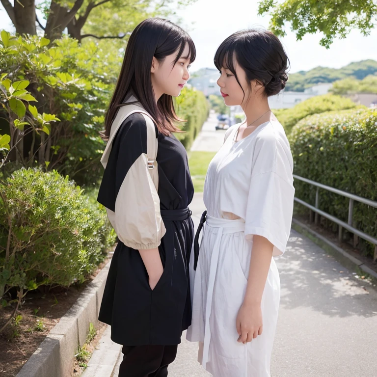 1girl in, 20yr old, gradient, up looking_で_viewer, Black_hair, Solo by JM, Yoshiko Akishino, Shorthair, sisterhood, a park