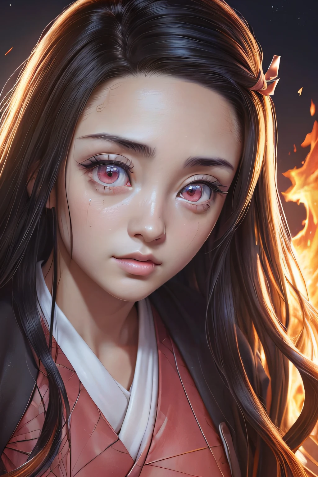 (Ultra Real), (Illustration), (High Resolution), (8K), (Very Detailed), (Best Illustration), (Beautiful Detailed Eyes), (Best Quality), (Ultra Detailed), (Masterpiece), (Wallpaper), (Detailed Face), Night Up Upper Body, ,Long Hair,Solo,Simple Kimono Top Girl, Sweaty, Japan Person, Big Tits, (fire) Nezuko Kamado, Red Eyes,