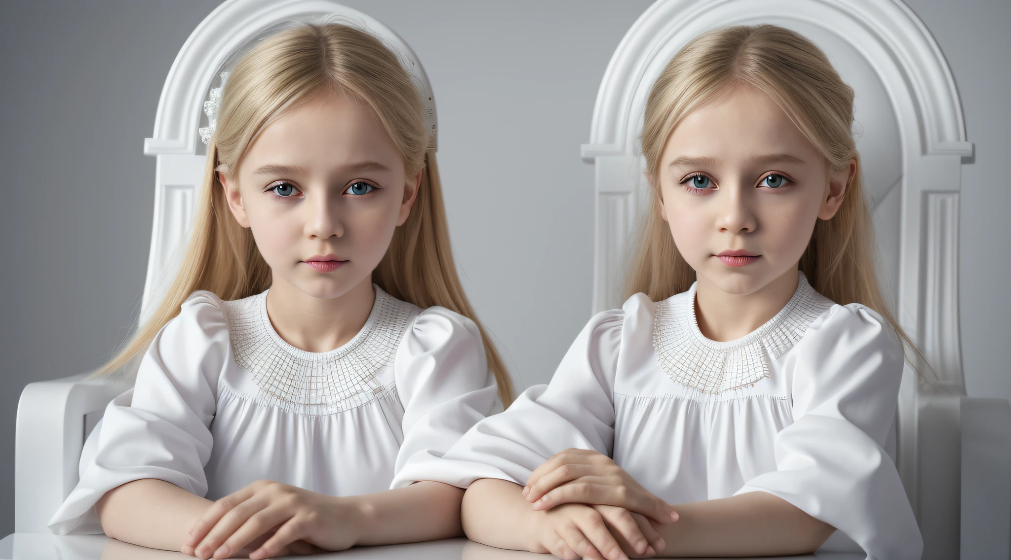 imagem de uma Russian blonde child girl , sentados em um trono, arte chave, promocional ainda, Arte da sede, the temple of truth is white, vestindo terno branco futurista, arte promocional, hq 4k papel de parede, um humano todo branco, imagem promocional do filme, 2 0 1 5, 2015, filme promocional ainda, Trindade, retrato vfx altamente detalhado de