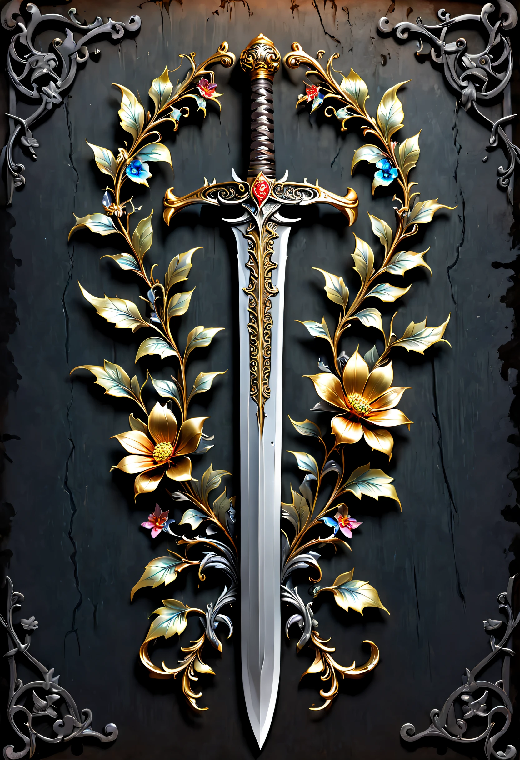 Alloy iron flower，Alloy vines surround the magic sword,There are iron flowers on the sword，heavy metal style，metal art，flower made of iron，iron leaf，Full metallic luster，Metal texture in the post-industrial era，