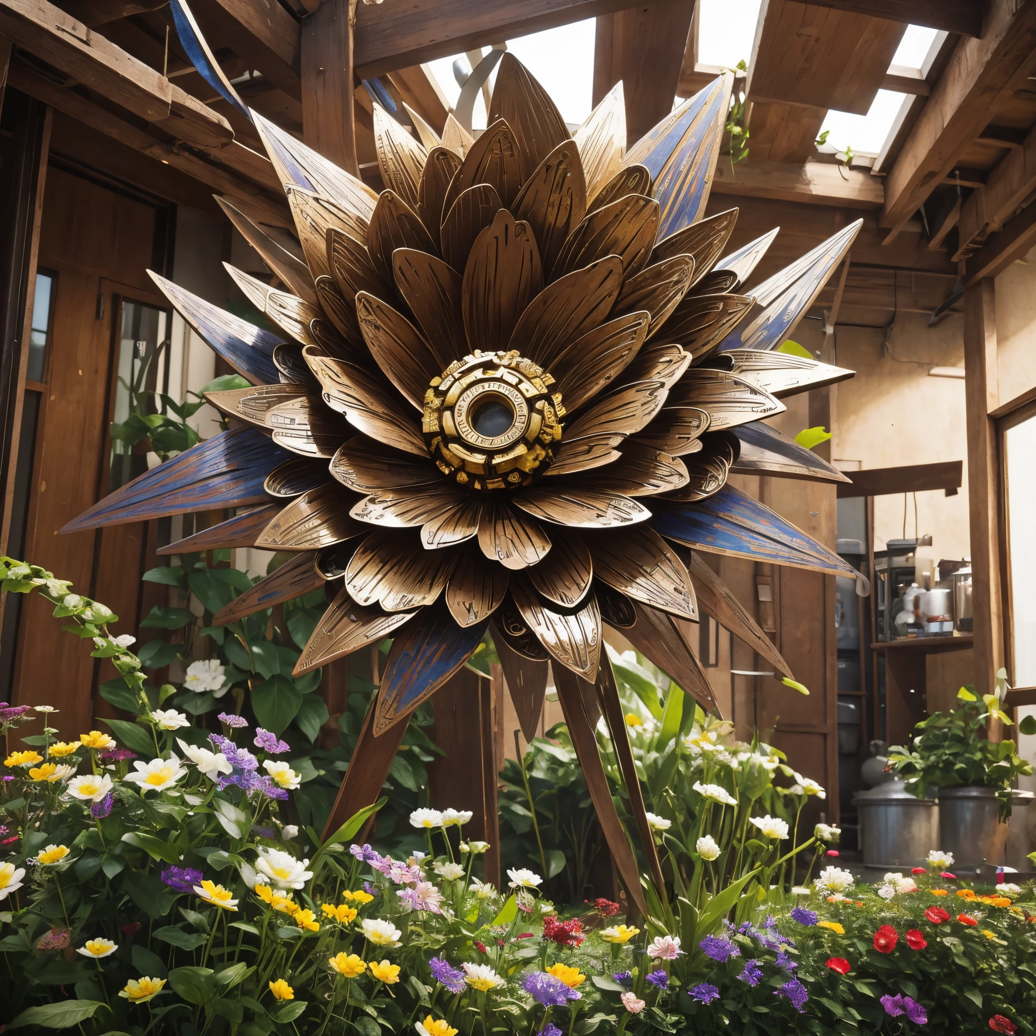 (masterpiece, best quality), best resolution, flower made of scrap metal, metal flower, junk art
