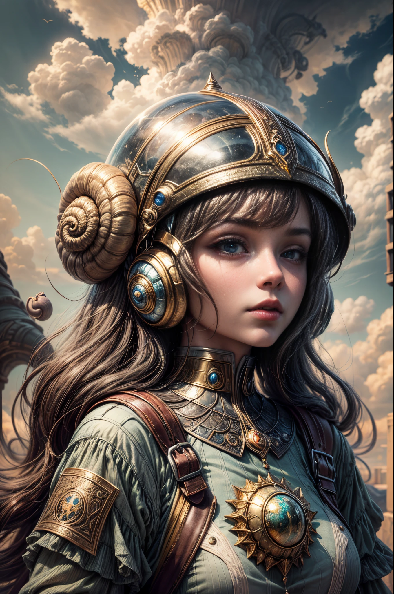 "Painterly depiction of an alien girl, her helmet exuding an otherworldly glow, a mystical snail companion, and dreamy clouds, a masterpiece of the fantastical."