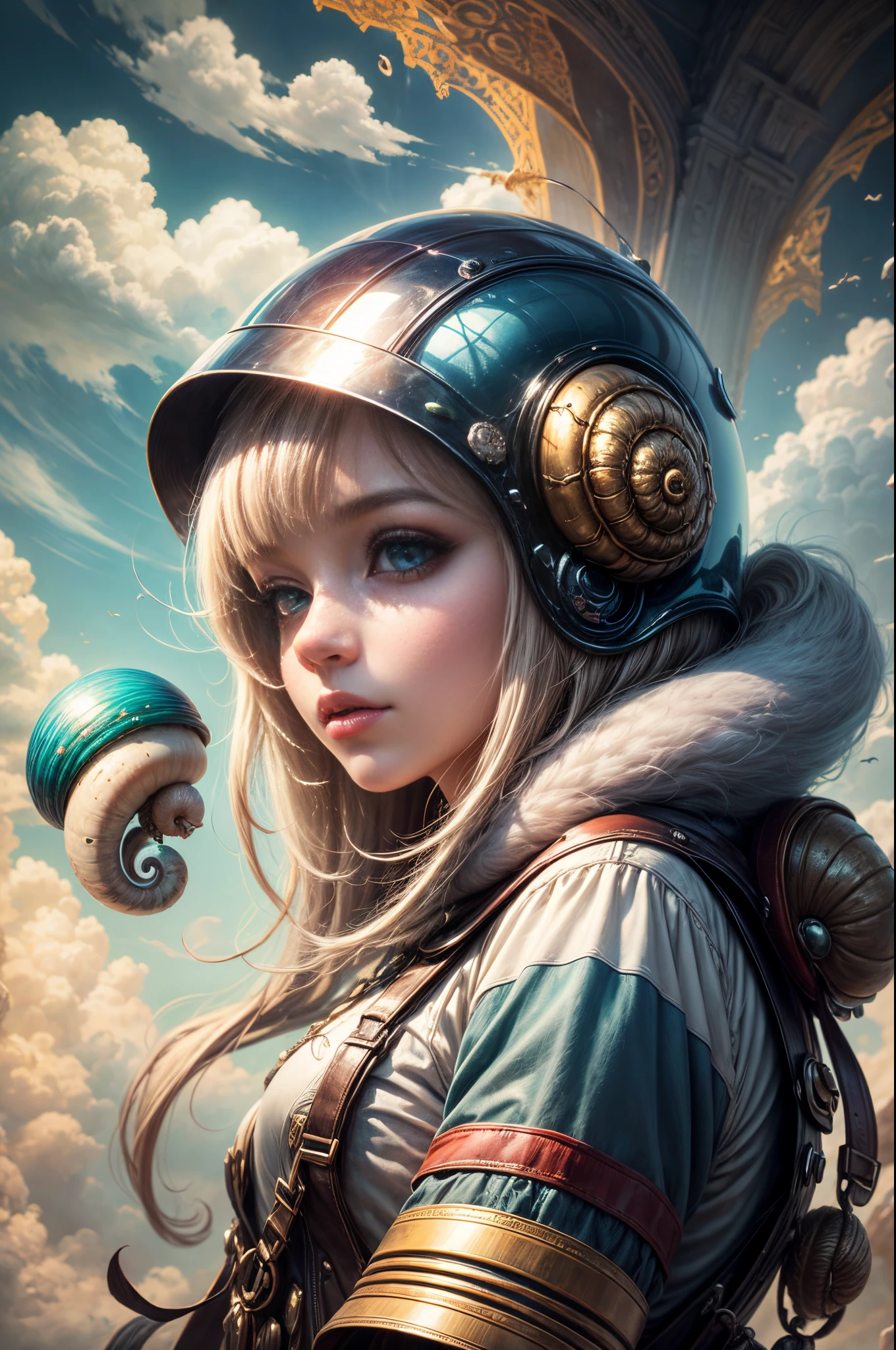 "Painterly depiction of an alien girl, her helmet exuding an otherworldly glow, a mystical snail companion, and dreamy clouds, a masterpiece of the fantastical."