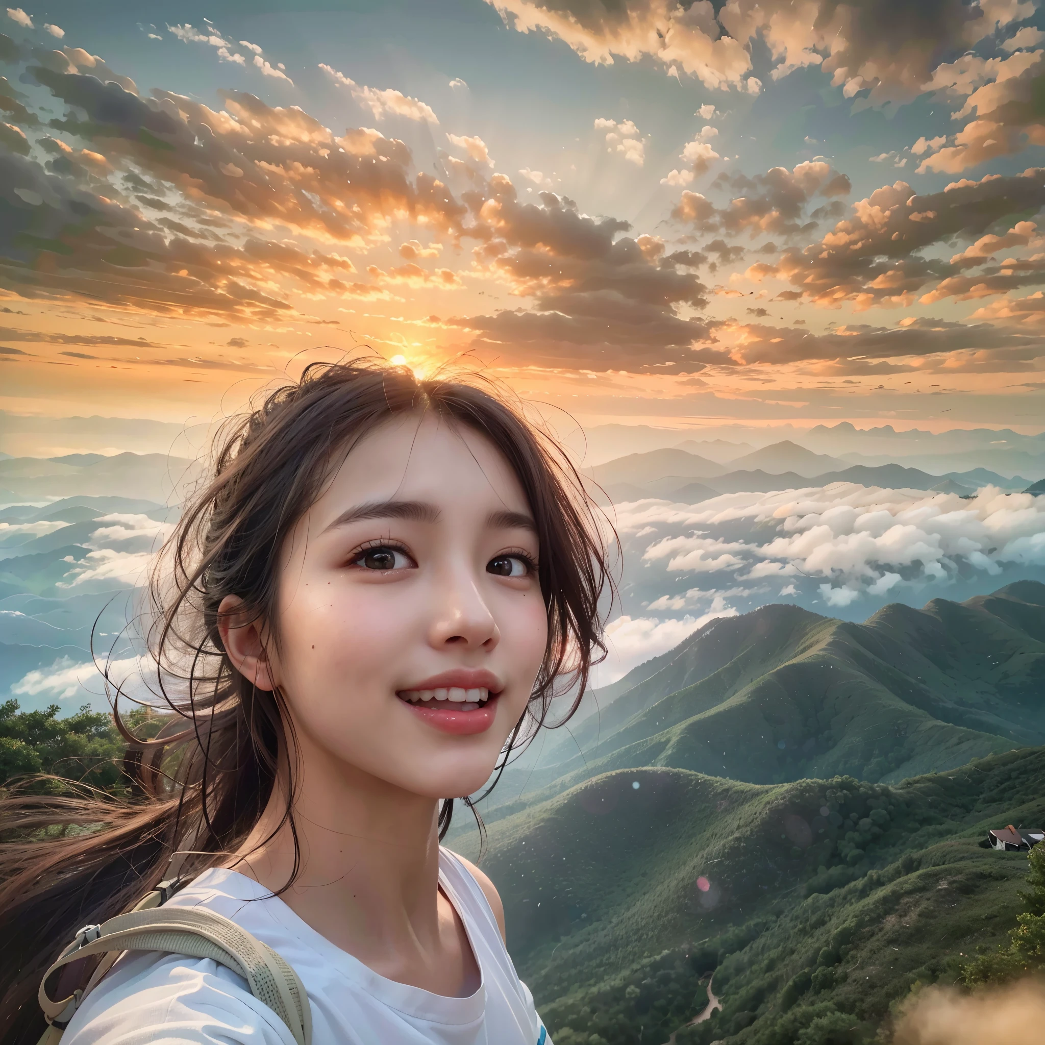 (Best Quality, hyper realistic photography), Magnificent mountain, sea of clouds, Woman watching sunset, selfee, ((Upper body)), white t-shirts, Trekking Shorts, trekking boots, rucksack, (ultra-delicate face, Super Beautiful Maid, Super delicate eyes, Ultra-detailed nose, Ultra detailed mouth, Ultra-detailed facial features), Beautie, 18year old, Smiling happily