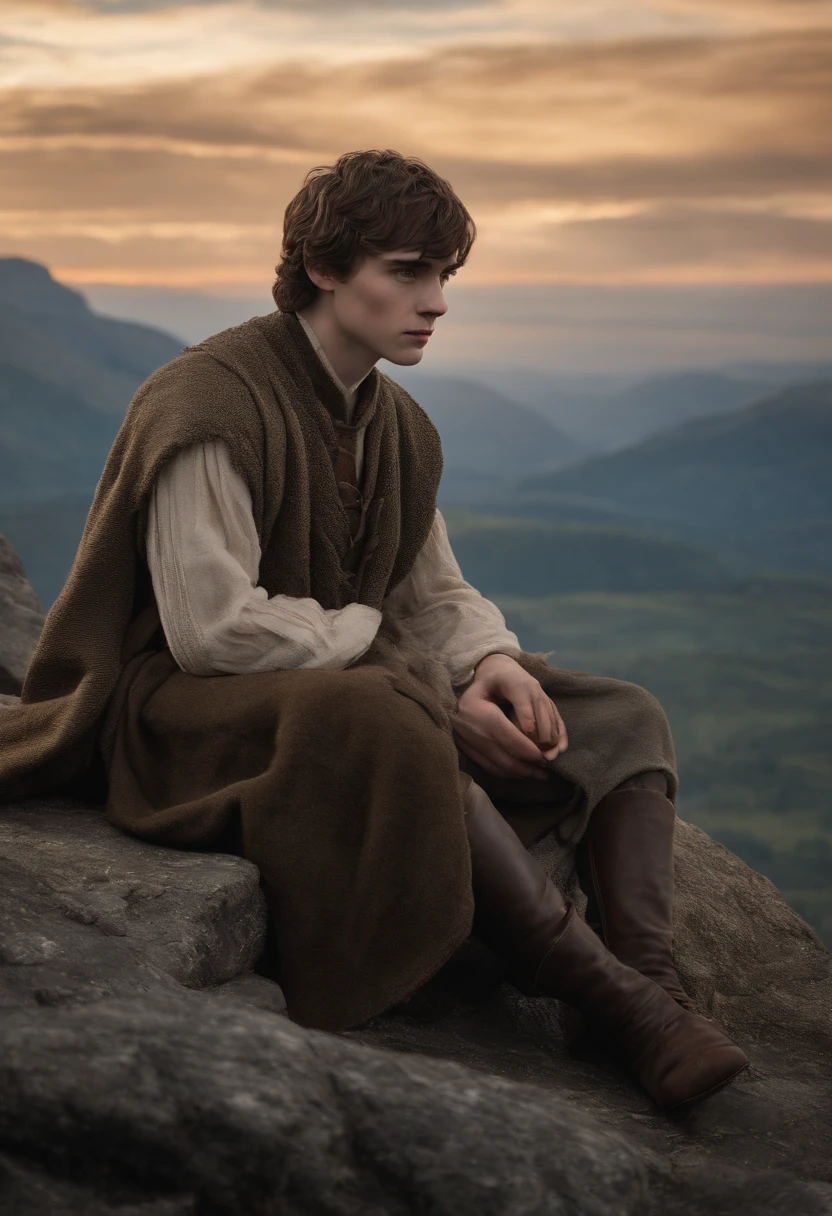 The image is of Bran sitting at the top of the Eyrie, surrounded by the breathtaking mountains of the Vale.,A Song of Ice and Fire series,Bran Stark, a central character in “Game of Thrones,” initially appears as a young boy with a curious and adventurous spirit, featuring tousled hair and the traditional Stark attire of the North. After his fall and subsequent paralysis, his physical appearance becomes more subdued, reflecting the seriousness of his journey and transformation.