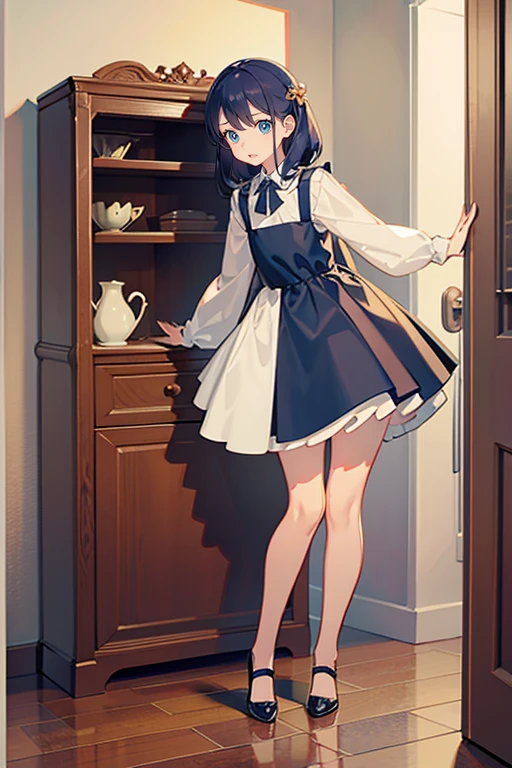 Best Quality、Wear a dress、full body Esbian、frontage、small cupboard、lean against the cupboard、Cheek cane、Gravure Pose