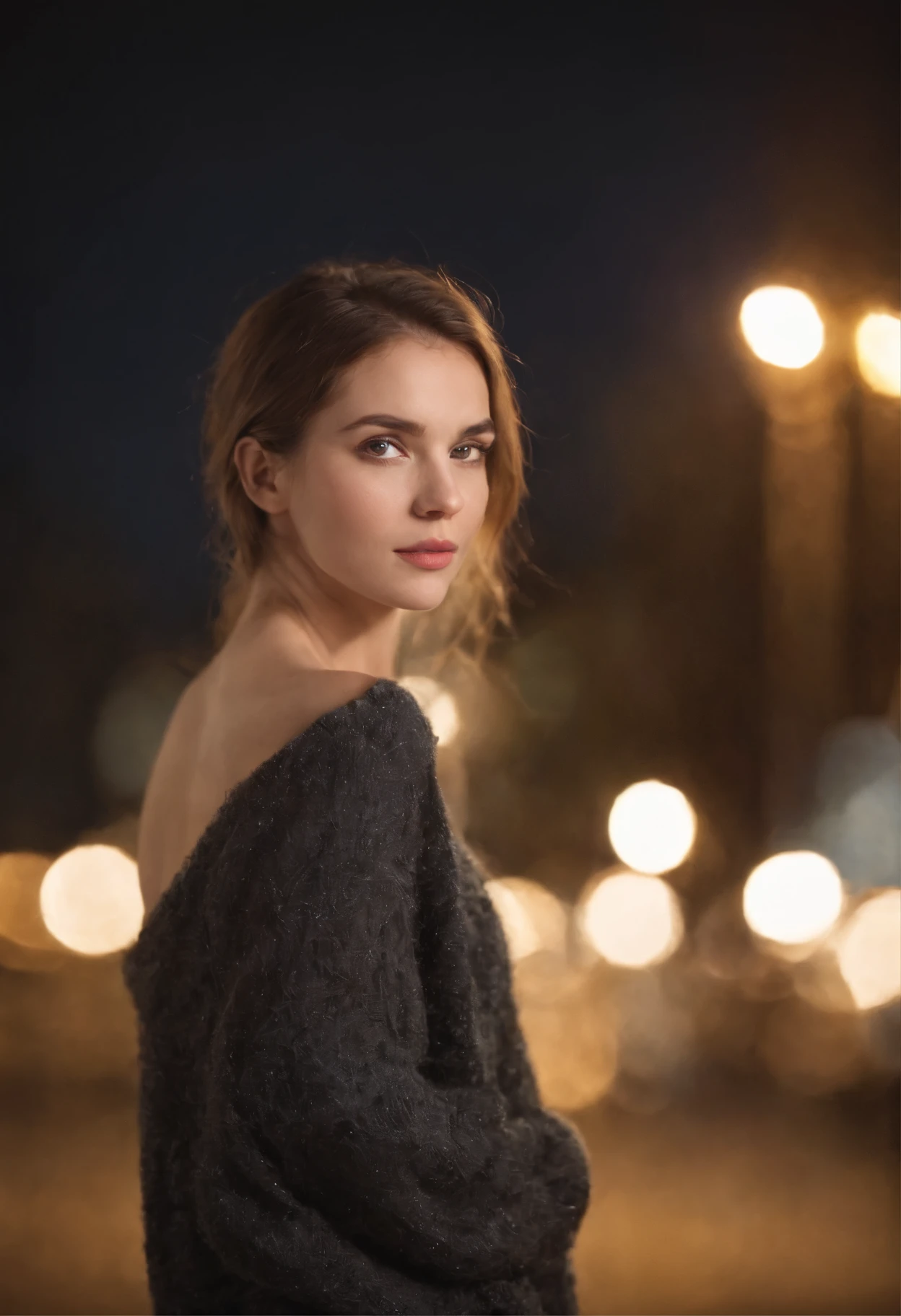 Girl on a winter night,Frontlinse,Urban background (Nahaufnahme Schuss:1.6),best qulaity,f / 1 HD-Fotografie T Bokeh,Depth of field macro The atmosphere is lustful and amorous. Ultra realistic women wear no clothes ready for photoshooting in la
