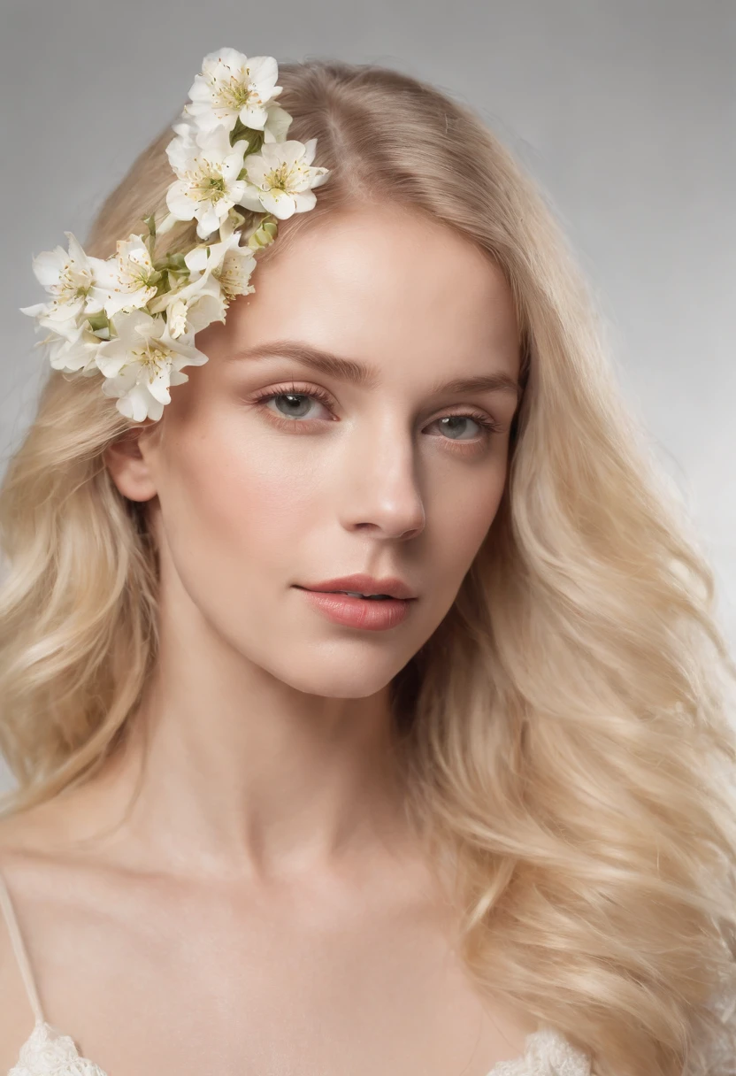 Caucasian woman in illustration,Flowers dripping on the face,Upper body,Blonde hair, Collage-based style, Made of insects, William Wegman, Skin color discrimination, White background, Pencil art illustration, National Geographic photo,full bodyesbian