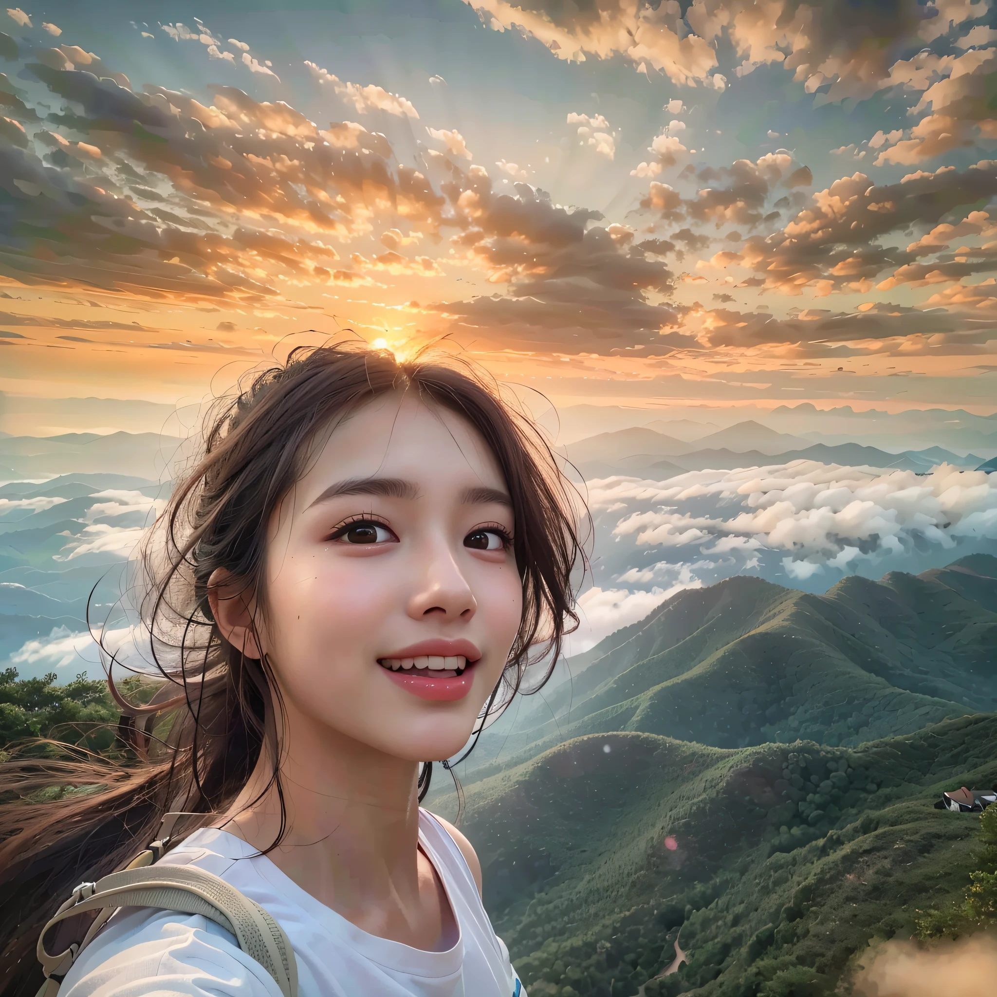 (Best Quality, hyper realistic photography), Magnificent mountain, sea of clouds, Woman watching sunset, selfee, ((Upper body)), white t-shirts, Trekking Shorts, trekking boots, rucksack,  (ultra-delicate face, Super Beautiful Maid, Super delicate eyes, Ultra-detailed nose, Ultra detailed mouth, Ultra-detailed facial features), Beautie, 18year old, Smiling happily