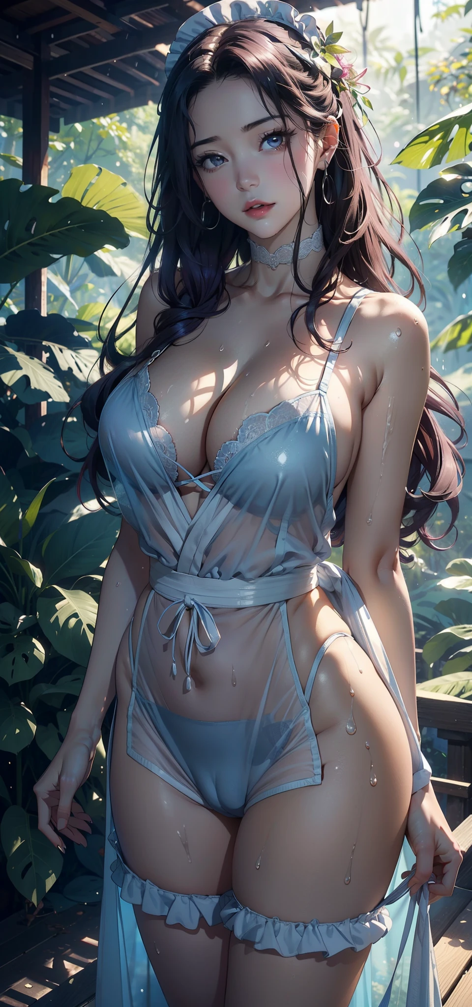 1female,25 age old,Large breasts,long leges,big chest and thin waist, photo exposure, 独奏,(Background with:at a forest,the rainforest,in summer) She has long purple hair,Stood up,sweat profusely,drenched all over the body,seen from the front, curlies, The sky is mostly cloudy,(((tmasterpiece),(Very detailed CG unified 8k wallpaper),Best quality at best,电影灯光,detailed back ground,beautidful eyes,Bright pupils,(very delicate beautiful),(Beautiful and detailed eye descriptions),ultra - detailed,tmasterpiece,)),facing at the camera,A high resolution,ultra - detailed),revealing breasts,Bare genitals, convex,Camel toes,Raised sexy,(dressed in:Transparent apron,sexy shorts)nakeness,