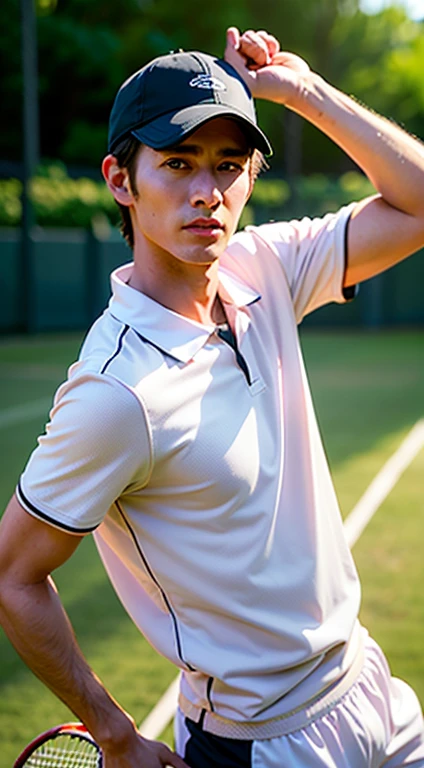 Men's Photos, (wearing tennis_outfit,wearing tennis_hat,),Good Hand, 4K, hight resolution, masutepiece, Best Quality, Head:1.3((Hasselblad photo)), finely detailed skin, (Cinematic lighting), Night, soft lighting, Dynamic Angle, [:（Detailed face:1.2):0.2],((Tennis Field))), Beautiful Koreans