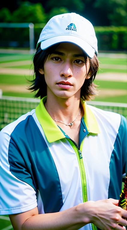 Men's Photos, (wearing tennis_outfit,wearing tennis_hat,),Good Hand, 4K, hight resolution, masutepiece, Best Quality, Head:1.3((Hasselblad photo)), finely detailed skin, (Cinematic lighting), Night, soft lighting, Dynamic Angle, [:（Detailed face:1.2):0.2],((Tennis Field))), Beautiful Koreans