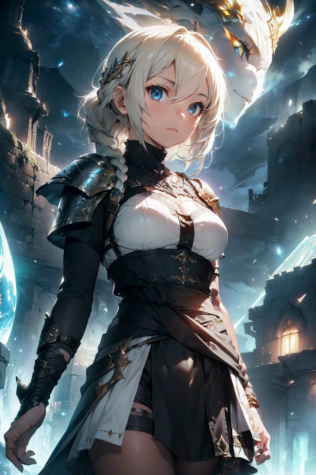 (((From face to the waist view::1. 4))), realistic skin texture, front view::1.0, (((Final Fantasy aesthetic style))) in complex & hyper detailed white fantasy armor (((wild glow effect))), panning photography::1, gold hour illumination, short white hair & long braid, (masterpiece), best quality, perfect face, 8k