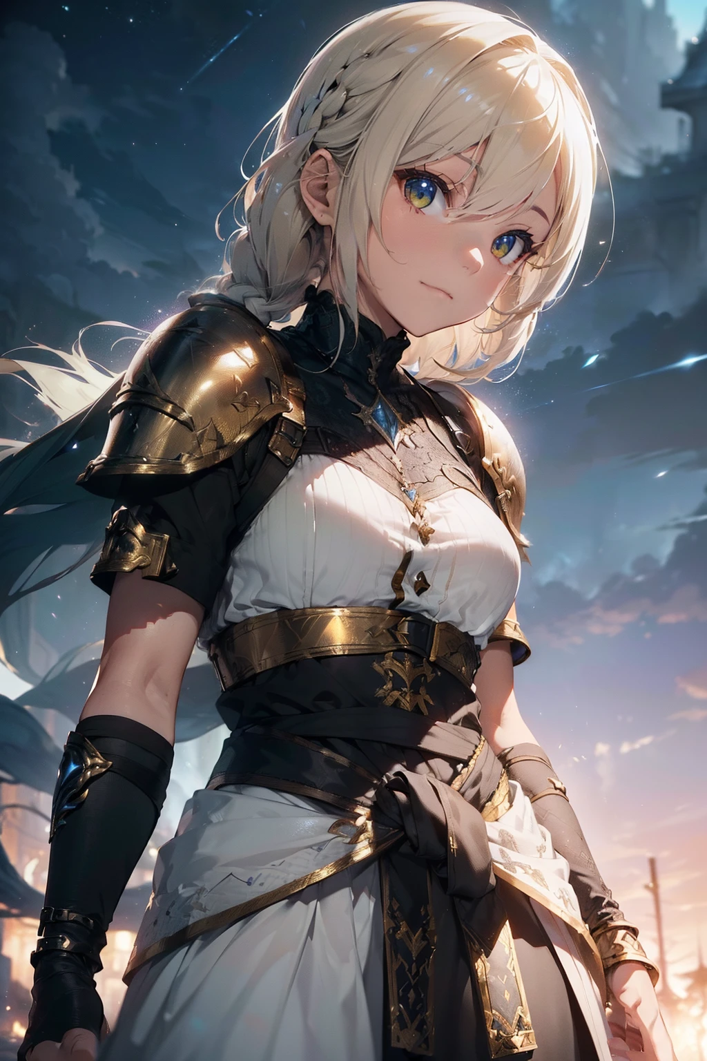 (((From face to the waist view::1. 4))), realistic skin texture, front view::1.0, (((Final Fantasy aesthetic style))) in complex & hyper detailed white fantasy armor (((wild glow effect))), panning photography::1, gold hour illumination, short white hair & long braid, (masterpiece), best quality, perfect face, 8k