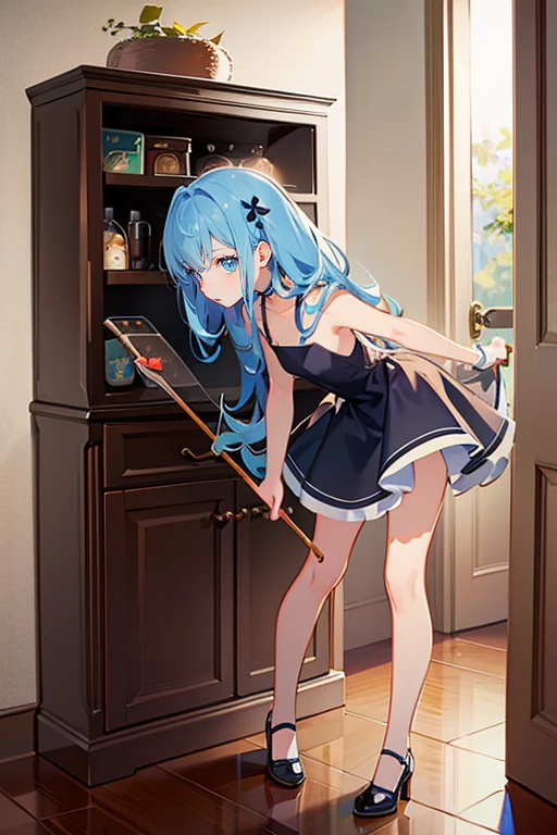 Best Quality、Wear a dress、full body Esbian、frontage、small cupboard、lean against the cupboard、Cheek cane、Gravure Pose、Leaning forward