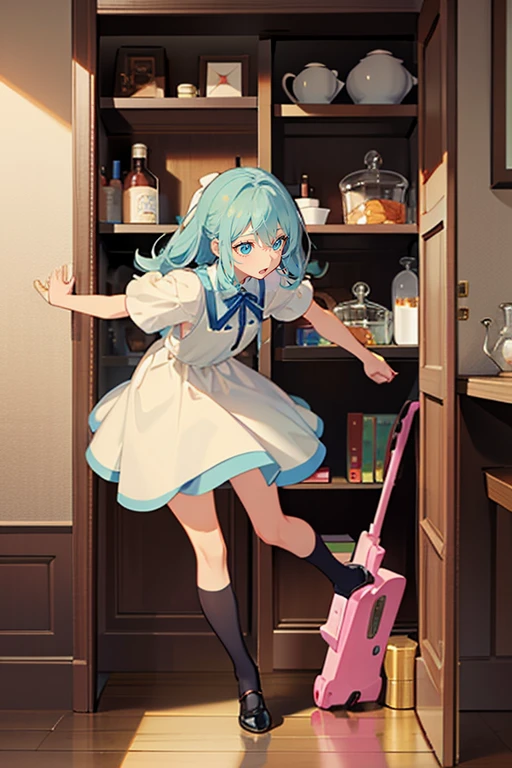 Best Quality、Wear a dress、full body Esbian、frontage、small cupboard、lean against the cupboard、Cheek cane、Gravure Pose、Leaning forward