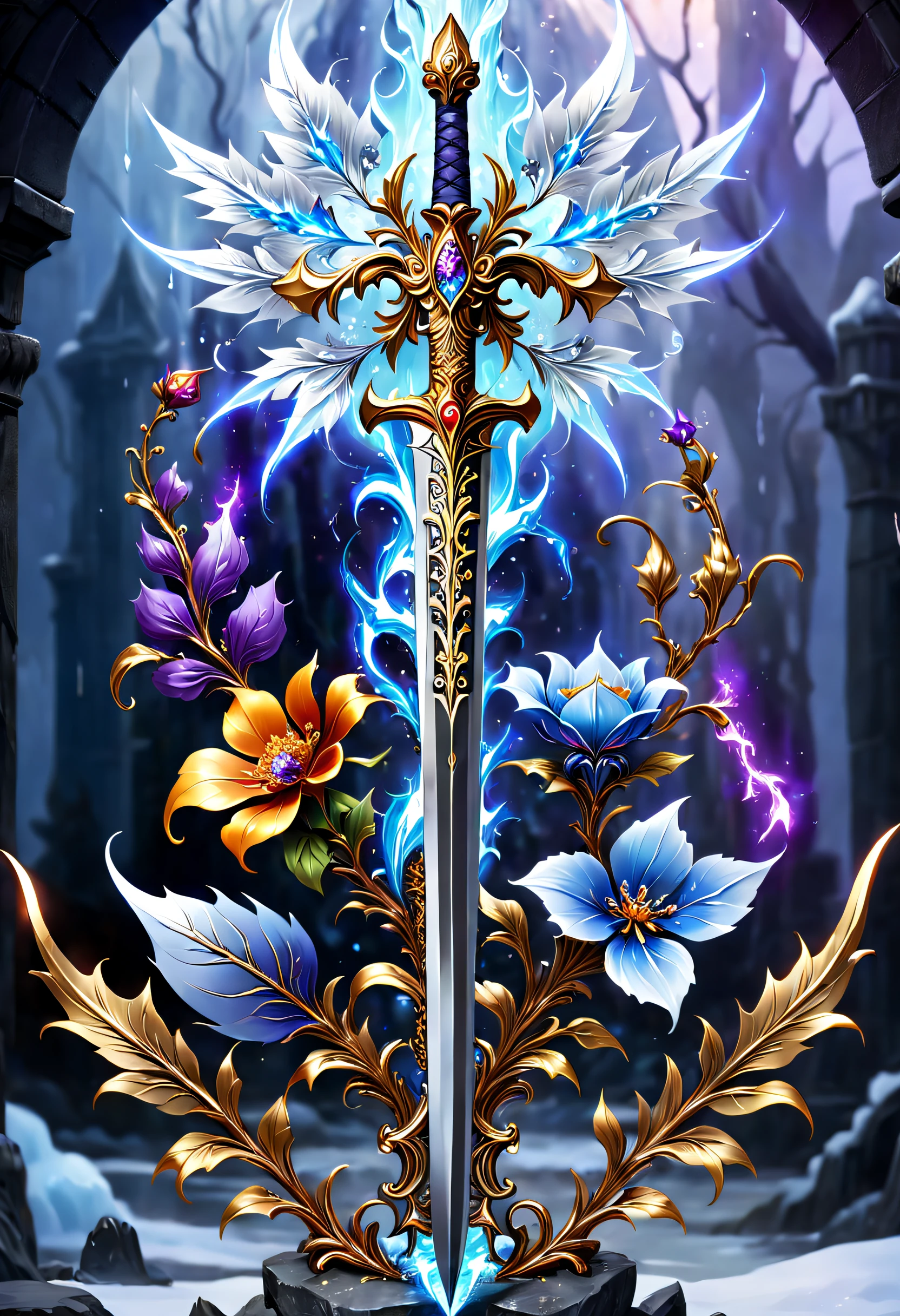 Alloy iron flower,Alloy vines surround the magic sword,There are iron flowers on the sword,heavy metal style,metal art,flower made of iron,iron leaf,Full metallic luster,Metal texture in the post-industrial era,Alloy carvings exude metallic luster,Sword made of crystal and white gold,Alloy rattan winding,Exquisite alloy stranded wire technology , sword and flower,Rare and precious, Complicated details,Golden flame,Purple magic,blue lightning,Magical ice and snow world background,gothic art style,Magic sword and flower,Magic flower made of colorful metal,Exuding endless magical charm and brilliance