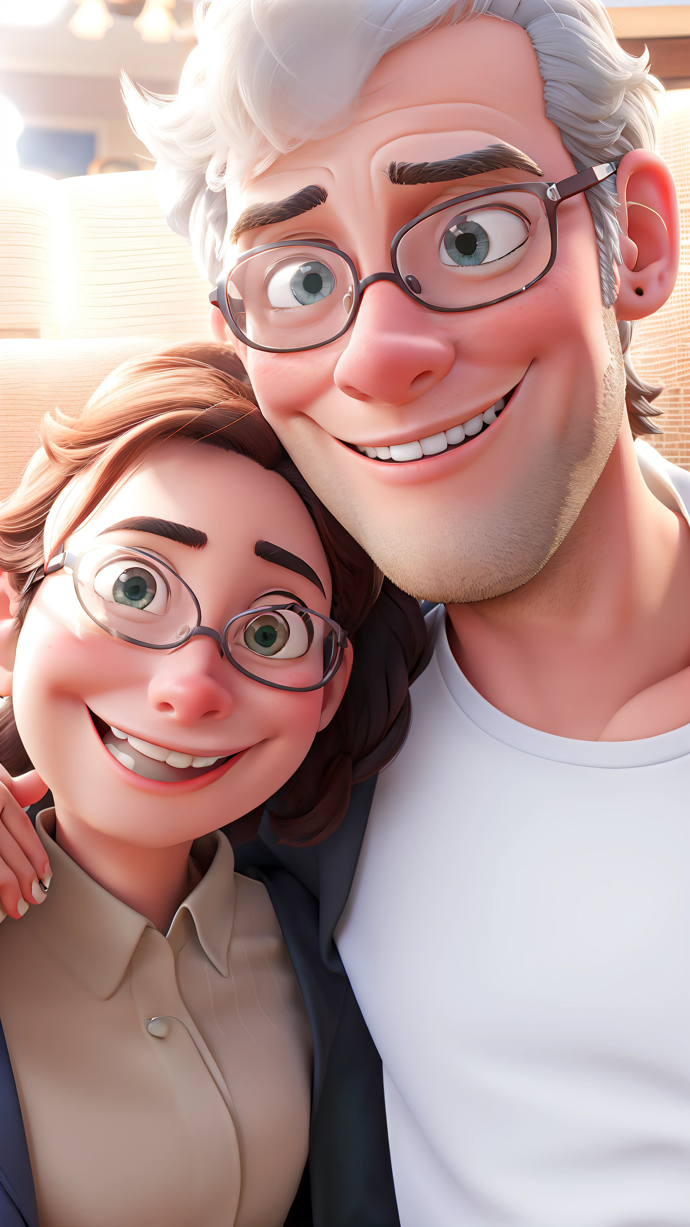 Disney Style Couple With Glasses Smiling In Restaurant.