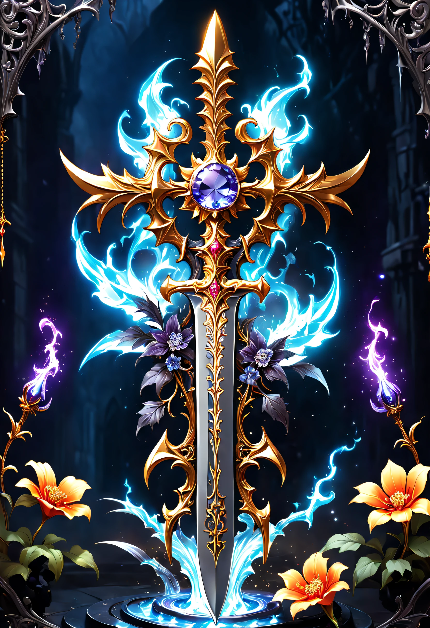 Alloy iron flower,Alloy vines surround the magic sword,There are iron flowers on the sword,heavy metal style,metal art,flower made of iron,iron leaf,Full metallic luster,Metal texture in the post-industrial era,Alloy-carved flowers give off a metallic sheen,Sword made of crystal and white gold,Alloy rattan winding,Exquisite alloy stranded wire technology , sword and flower,Rare and precious, Complicated details,Golden flame,Purple magic,blue lightning,Magical ice world background,(gothic art style:1.5),Magic sword and flower,Magic flower made of colorful metal,Exuding endless magical charm and brilliance