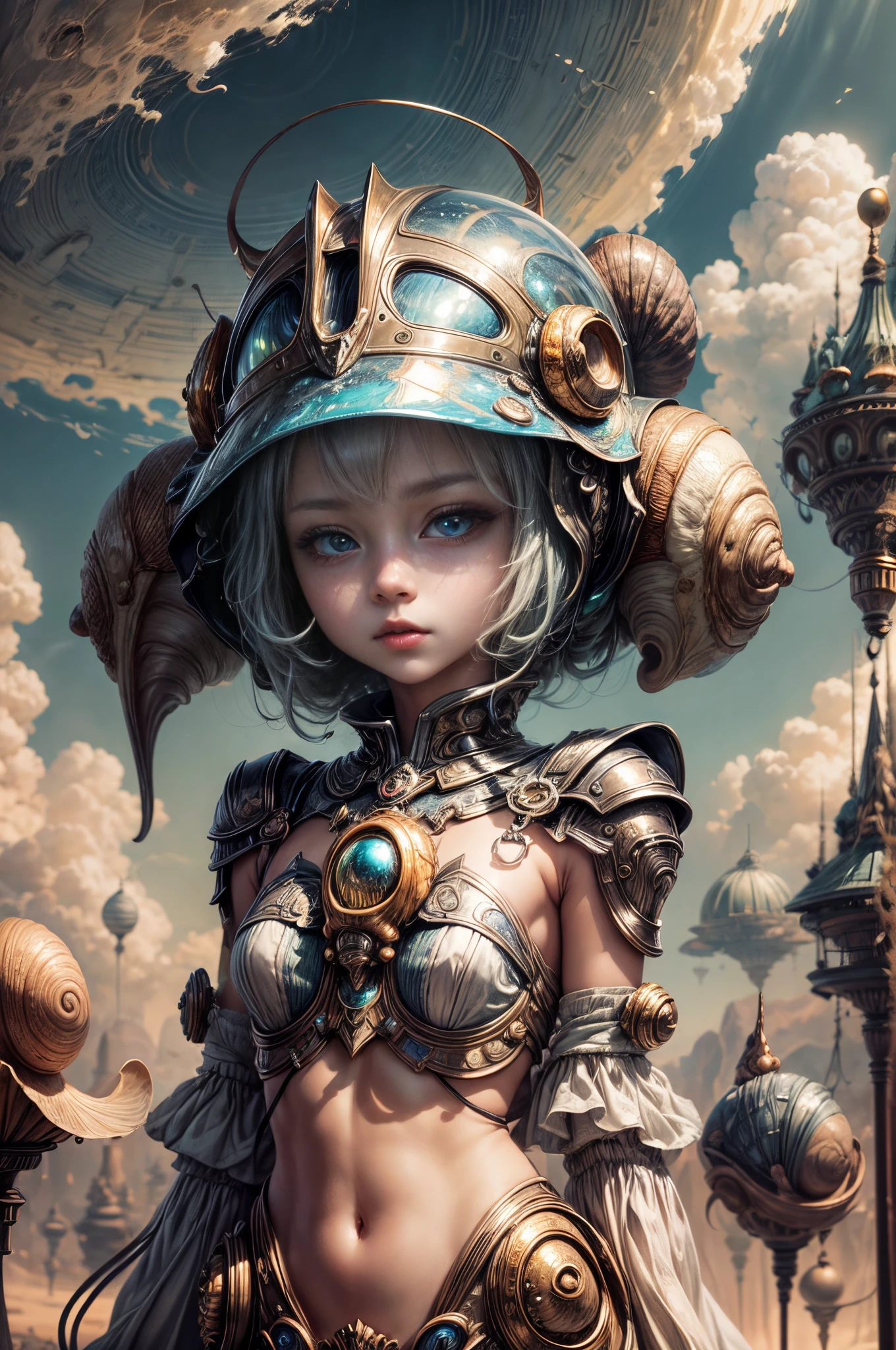 "Painterly depiction of an alien girl, her helmet exuding an otherworldly glow, a mystical snail companion, and dreamy clouds, a masterpiece of the fantastical."