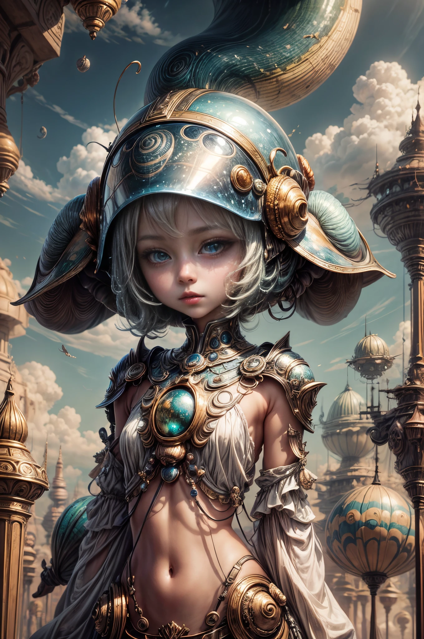 "Painterly depiction of an alien girl, her helmet exuding an otherworldly glow, a mystical snail companion, and dreamy clouds, a masterpiece of the fantastical."