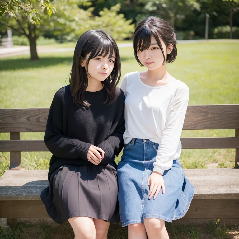 1girl in, 20yr old, gradient, up looking_で_viewer, Black_hair, Solo by JM, Yoshiko Akishino, Shorthair, sisterhood, a park, skirt by the