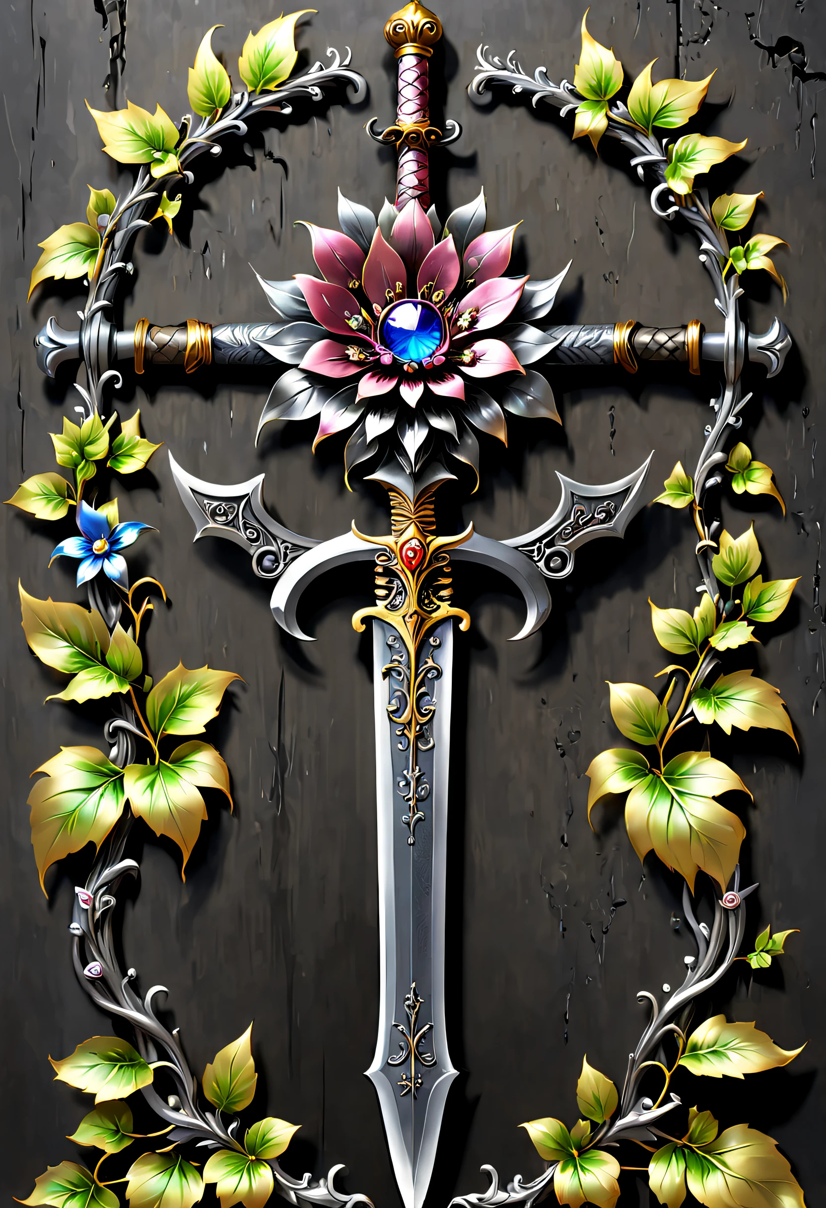 Alloy iron flower,Alloy vines surround the magic sword,There are iron flowers on the sword,heavy metal style,metal art,flower made of iron,iron leaf,Full metallic luster,Metal texture in the post-industrial era,