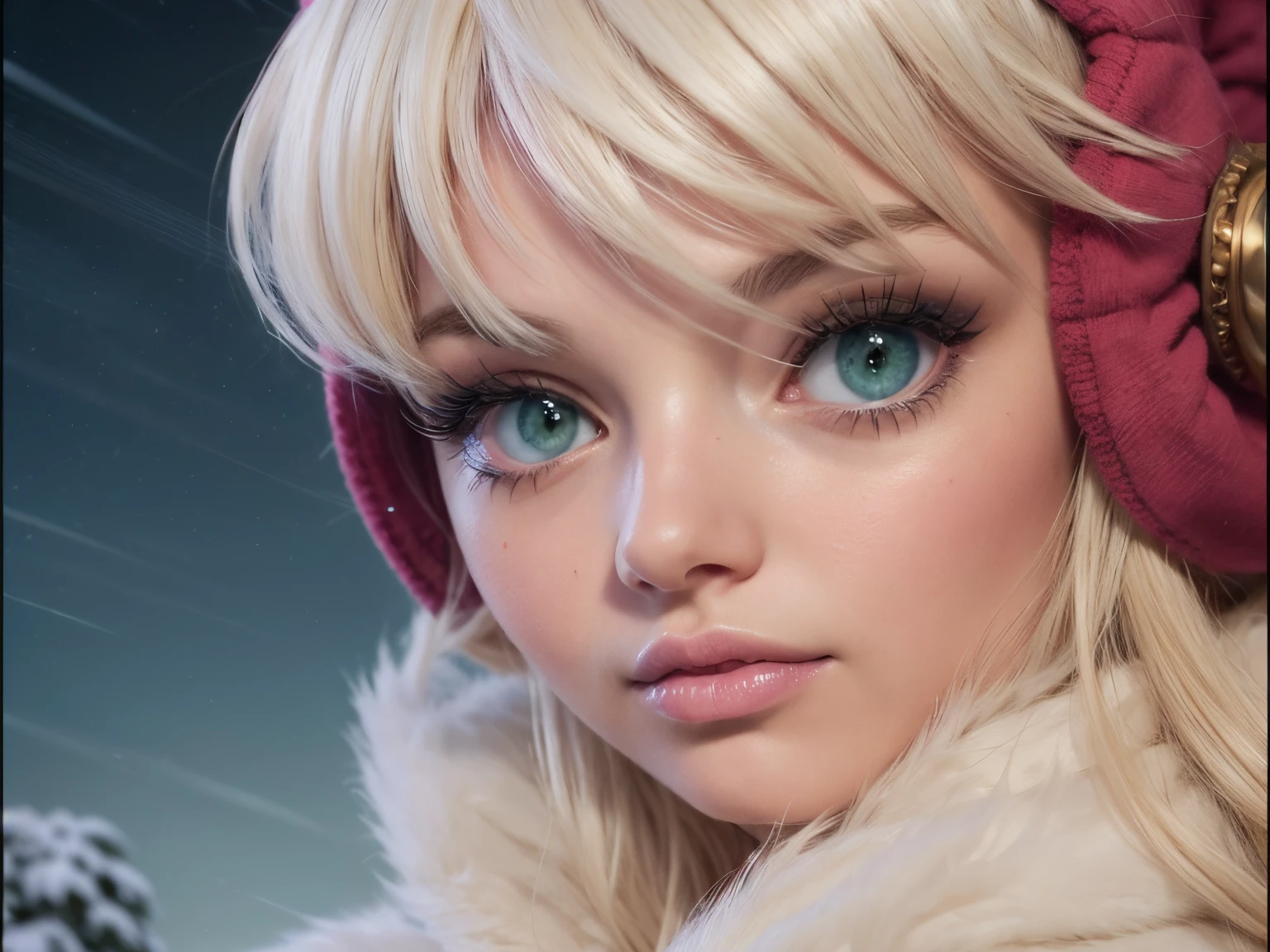 Masterpiece, watercolor: High resolution. Very detailed. realistic. ultra-realistic. Close-uo of female. Young woman. 1girl. Slightly side view. Looking the horizon. About 20 years old. Nordic. Delicate facial features. detailed face. Pretty Big and beautiful green eyes. Big eyes. Slightly speared rose lips. Fur scarf. Pretty long blonde hair. Bangs. Ears cold protection. Snow storm background. Cinematic light.