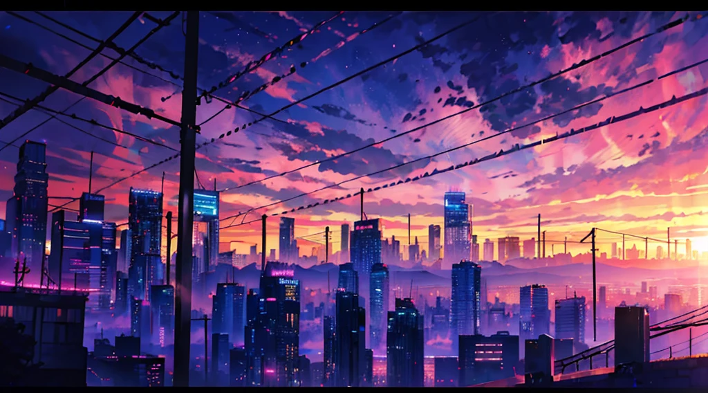 purple and pink sunset sky with power lines and buildings, anime style cityscape, anime sky, anime landscape, anime clouds, colorful sky, colorful skies, inspired by Alena Aenami, anime vibes, beautiful anime scene, day cityscape, vaporwave sunset, vaporwave city, anime scenery, by Alena Aenami, ilya kuvshinov landscape, violet sky