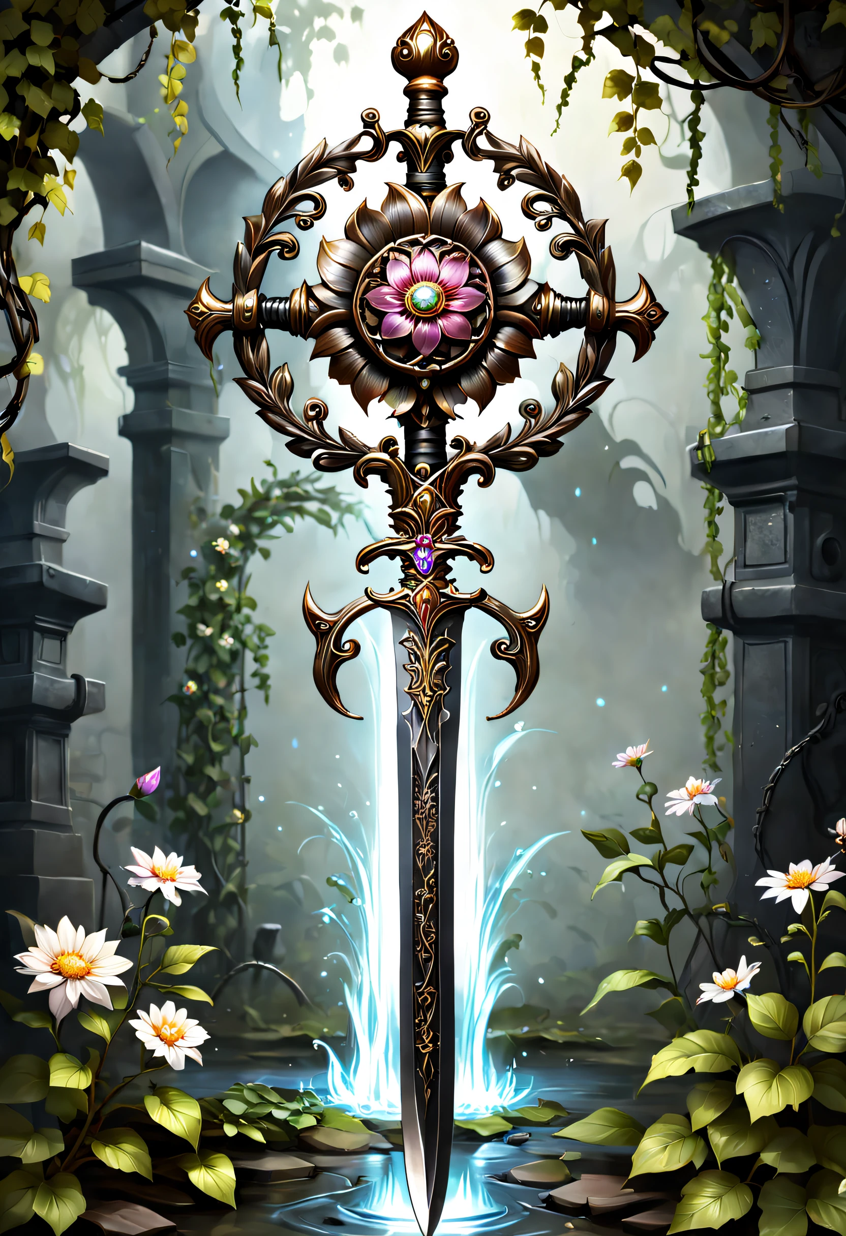 Alloy iron flower，Alloy vines surround the magic sword,There are iron flowers on the sword，heavy metal style，metal art，flower made of iron，iron leaf，Full metallic luster，Metal texture in the post-industrial era，