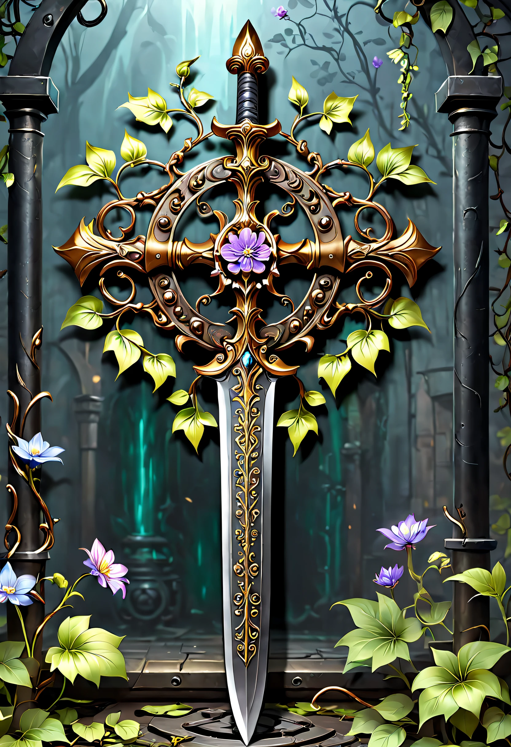 metal art，flower made of iron，iron leaf，iron pill，Iron flower，Full metallic luster，Metal texture in the post-industrial era，Iron decoration，platinum，Silver and gold，heavy metal style，Alloy iron flower surrounding magic sword，Alloy vines surround the magic sword,There are iron flowers on the sword，