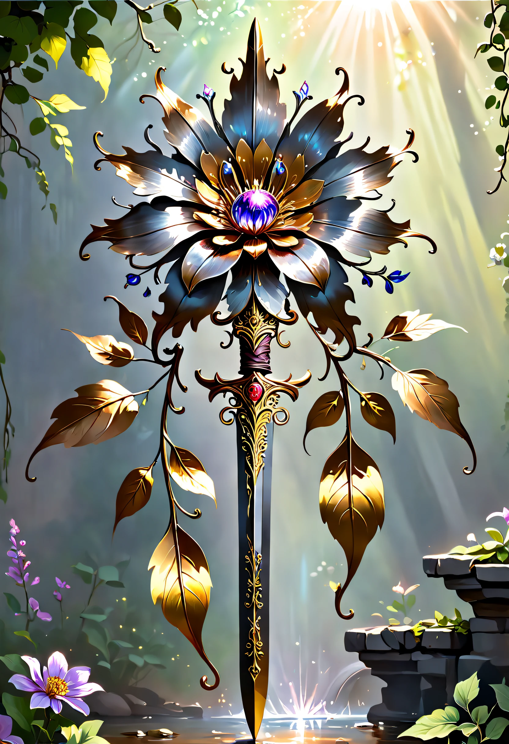 metal art，flower made of iron，iron leaf，iron pill，Iron flower，Full metallic luster，Metal texture in the post-industrial era，Iron decoration，platinum，Silver and gold，heavy metal style，Alloy iron flower surrounding magic sword，Alloy vines surround the magic sword,There are iron flowers on the sword，
