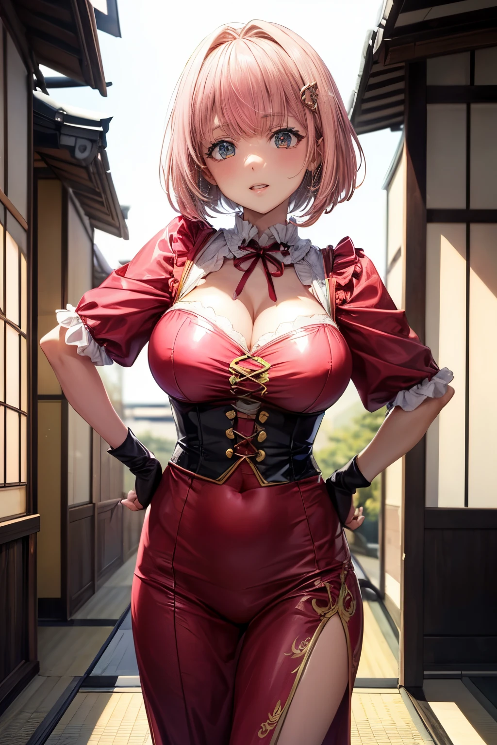 Tecateca costumes, Anime, Sexy, ((The costume is made of metal:1.5)), ((In Kyoto Animation Style:1.5)), super precision, masterpiece, very extremely beautiful, Princess Face, ((1人の女性)), ((Solo:1.5)), ((Pink hair:1.5)), ((BobKat 1.5)), BREAK, ((Black eyes)), Short hair, ((Straight hair)), BREAK, ((German national costume:1.5)), Professional Lighting, (25-years old), Shiny skin, ((Oiled skin)), glistning skin, Looking at Viewer, Cowboy Shot, Dynamic Pose, is looking at the camera, inside in room, Sexy, A slight smil, Slightly open mouth, ((Cute)), is standing, ((Hands behind your back)), Ultra-fine eyes, Ultra-fine face, ((thin lips:1.5)), Sexy, ((drooping eyes)), A slight smil, Latex, Sexy, ((portlate:1.5)), faces, Hands on your back, Positive image, Sexy, Colossal tits, Glossy outfit,