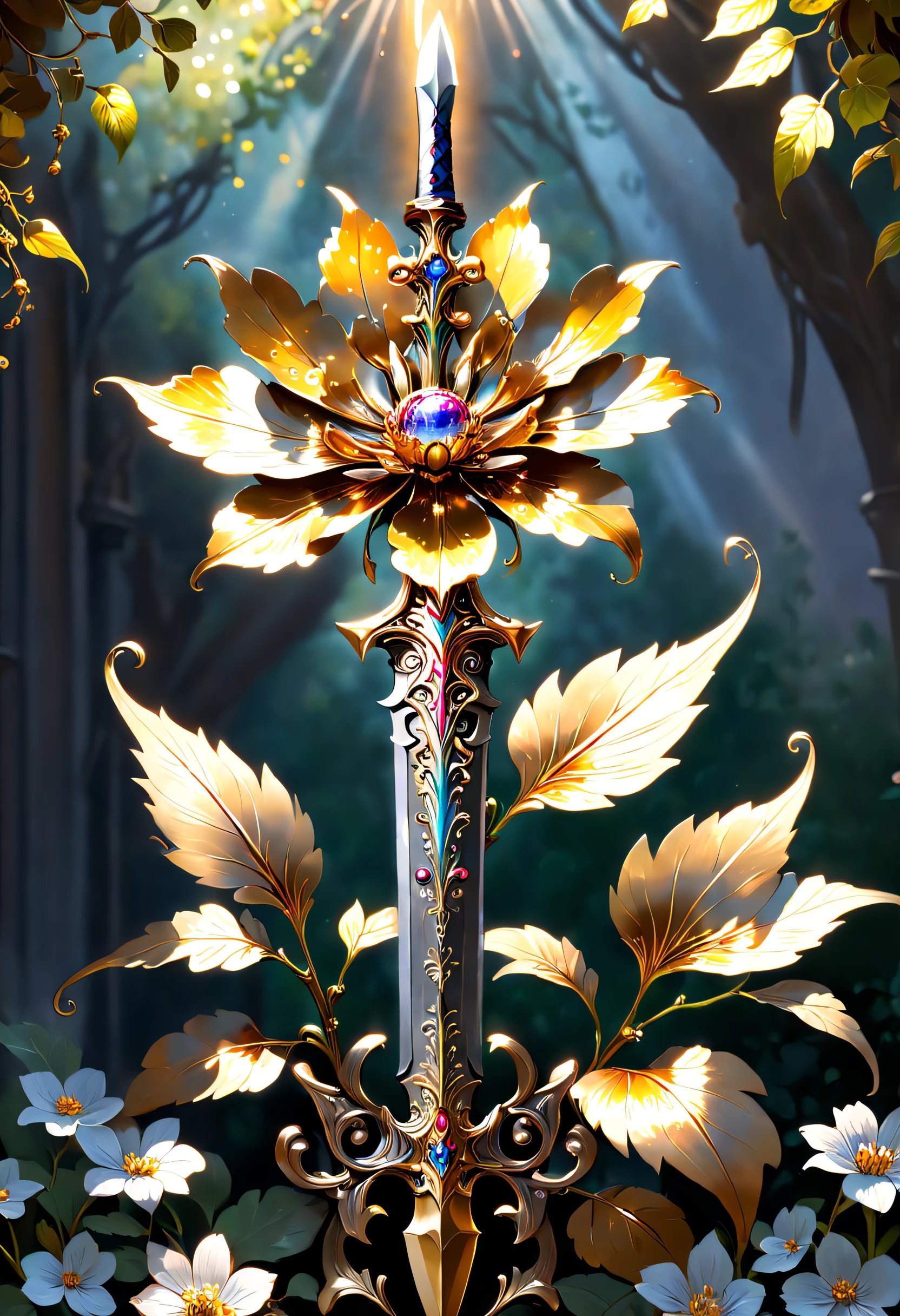heavy metal style,metal art,flower made of iron,iron leaf,Full metallic luster,Metal texture in the post-industrial era,Delicate metallic flowers sparkle in dappled sunlight, Like metallic flowers sparkling in the sun, Each petal is carefully processed,And presented with exquisite gouache painting techniques, Every brushstroke captures its beauty and power, (((Complicated details:1.4))), (((Extremely crazy details:1.4))), (((high high quality:1.3))), ultimate artistic level, (((high high quality:1.3))), (((Radiosity presented in stunning 32k resolution beauty:1.3))),Alloy iron flower surrounding magic sword,Alloy vines surround the magic sword,There are iron flowers on the sword,