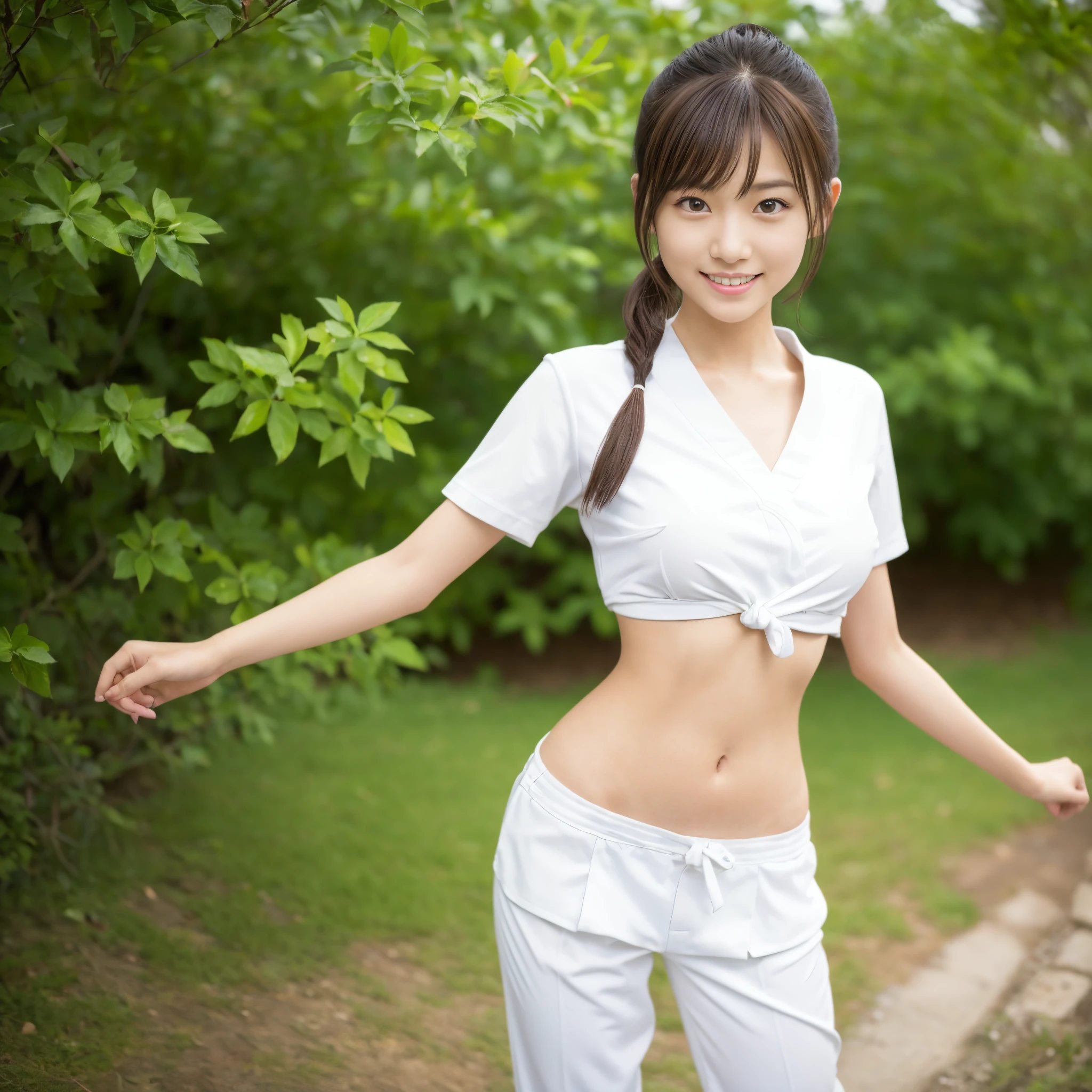 (Photorealsitic)(sixteen years old), Pretty Woman, (Full body 8K portrait), 1 girl in, White Karate Uniform, White karate pants, Large bust,Stand alone, Large and dynamic hand and foot movements, Stick out your fist, Make a high side kick, Correct skeleton, Perfect facial detail, (Smile: 1.15), attractive beautiful face, gazing at viewer, a small face, 二重まぶた, Beautiful detailed eyes, long eyeslashes, ligh brown hair, poneyTail, Toned waist, Beautiful thin legs, toned ankles, bare-legged ,TOKYOcty, the background is green, no nsfw
