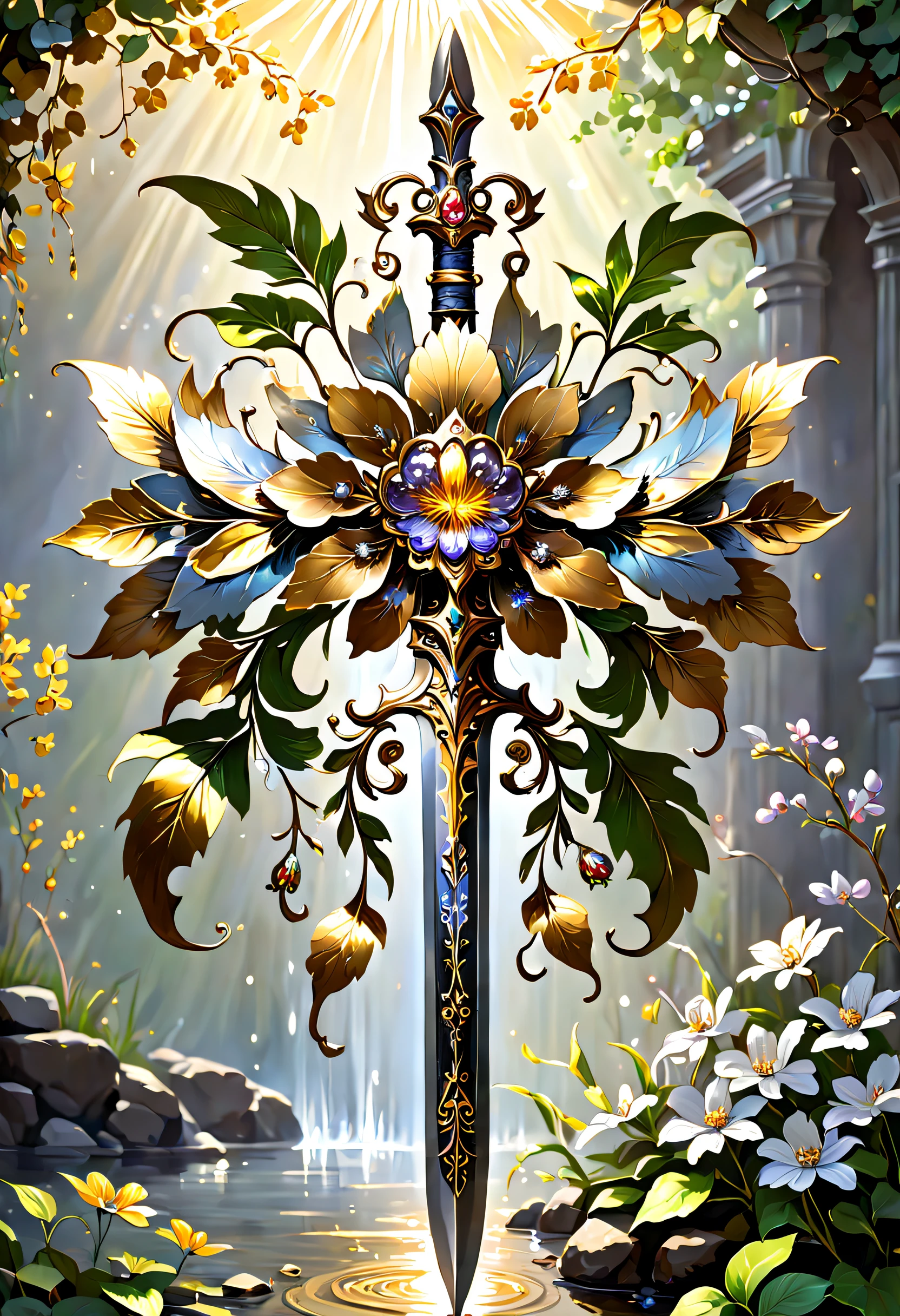 metal art，flower made of iron，iron leaf，iron pill，Iron flower，Full metallic luster，Metal texture in the post-industrial era，Iron decoration，platinum，Silver and gold，heavy metal style，Alloy iron flower surrounding magic sword，Alloy vines surround the magic sword,There are iron flowers on the sword，